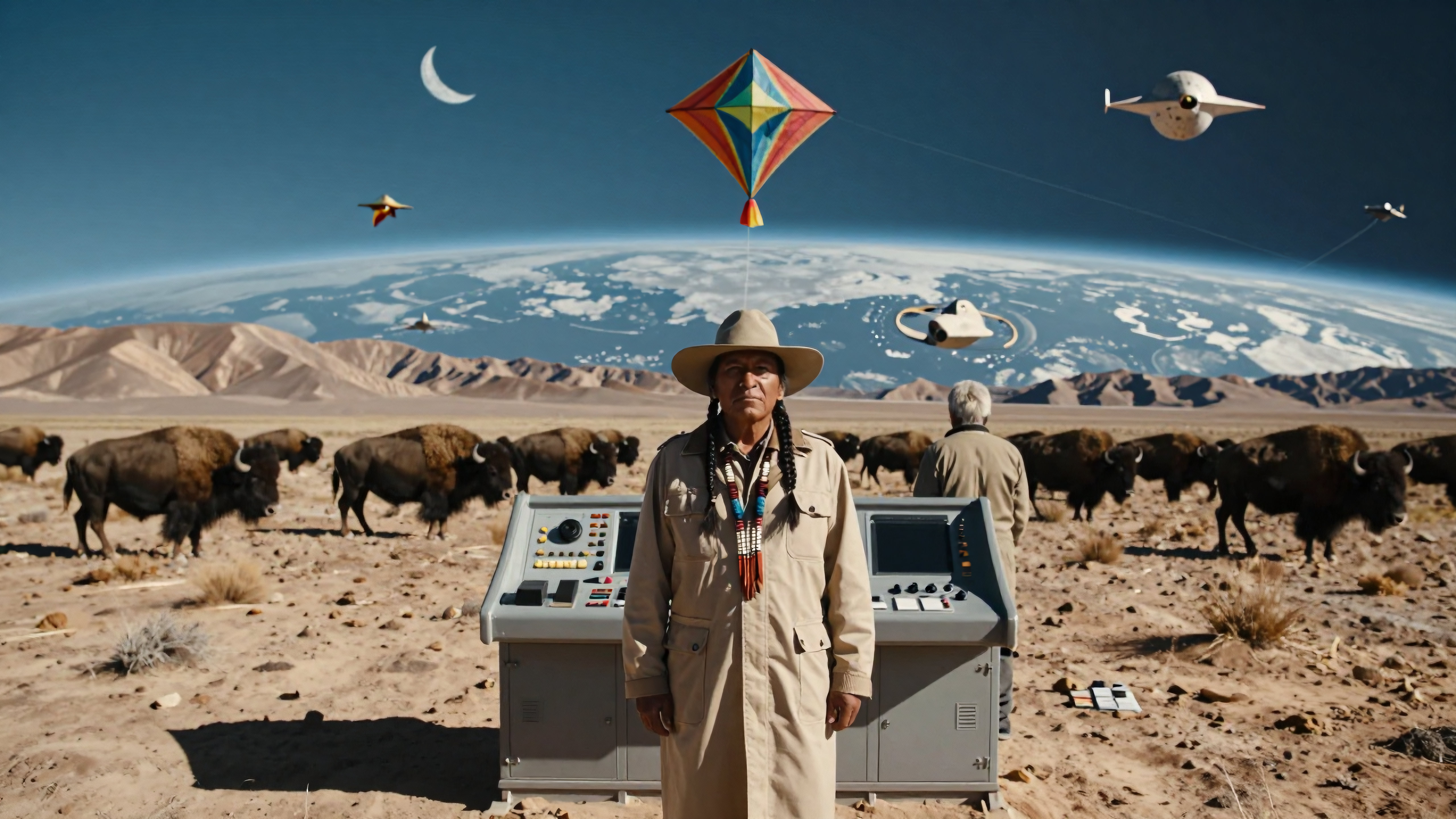 Indigenous Man at Futuristic Control Panel in Desert with Bison and Flying Objects