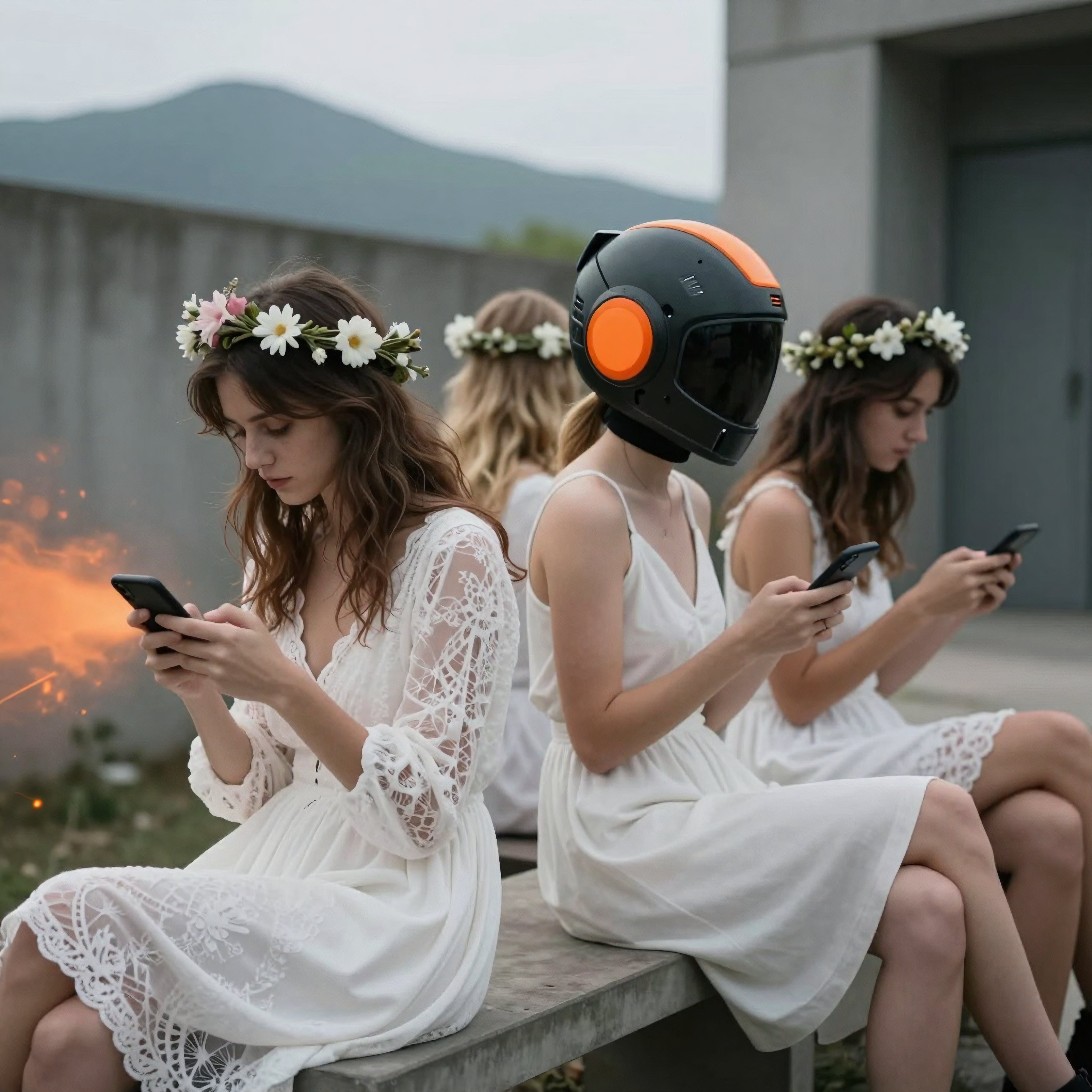Surreal Group of Women in White Dresses with Flower Crowns and a Helmeted Figure