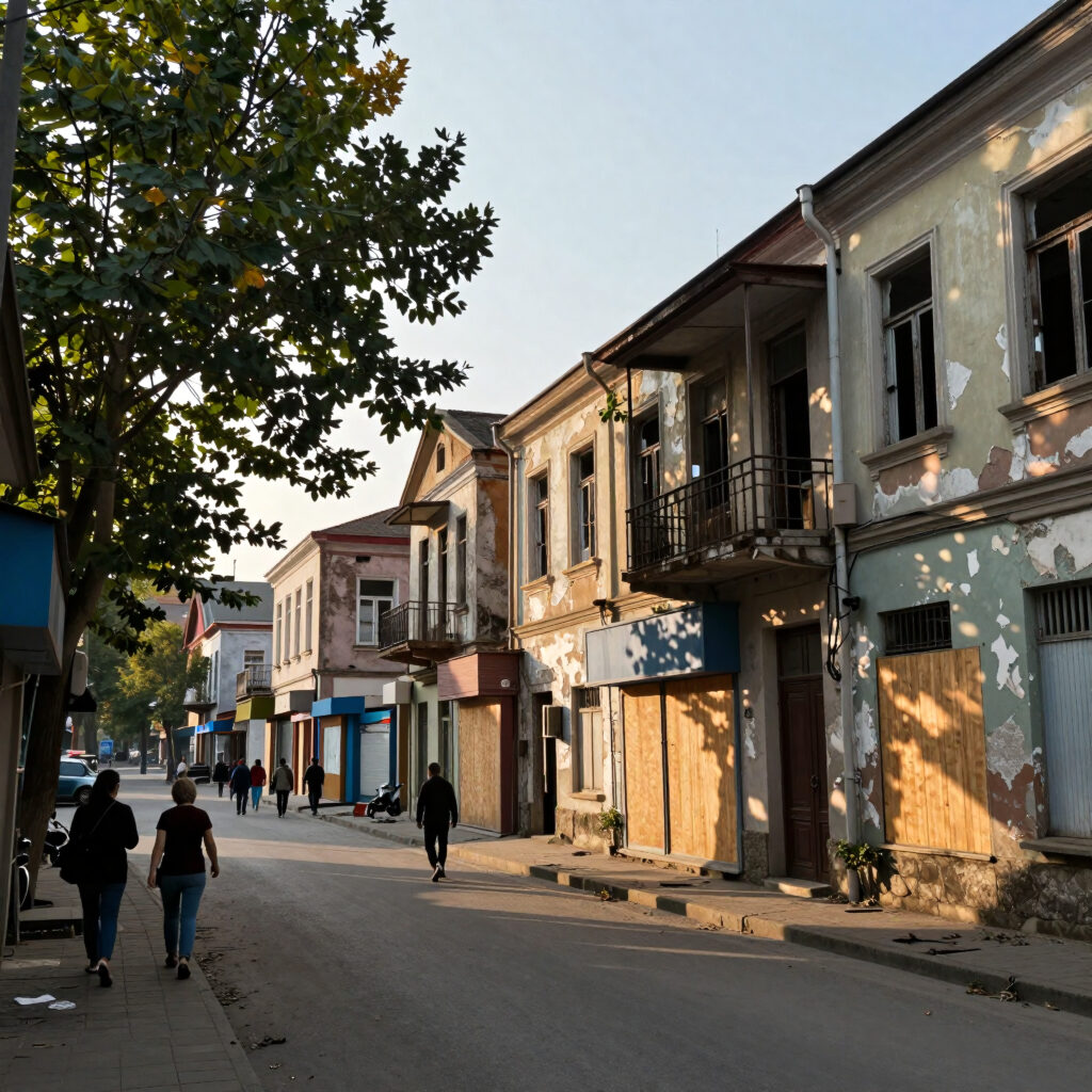Sunlit Street Scene with Weathered Buildings and Pedestrians