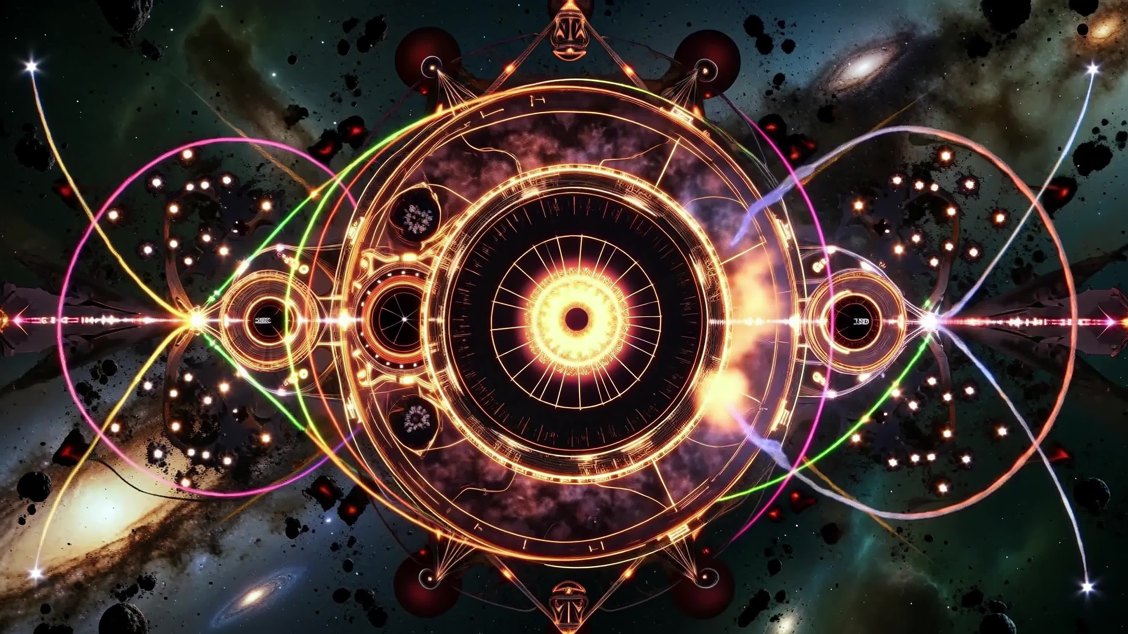 4K Video = Glowing cosmic mandala with intricate geometric patterns set against swirling galaxies and colorful light trails.