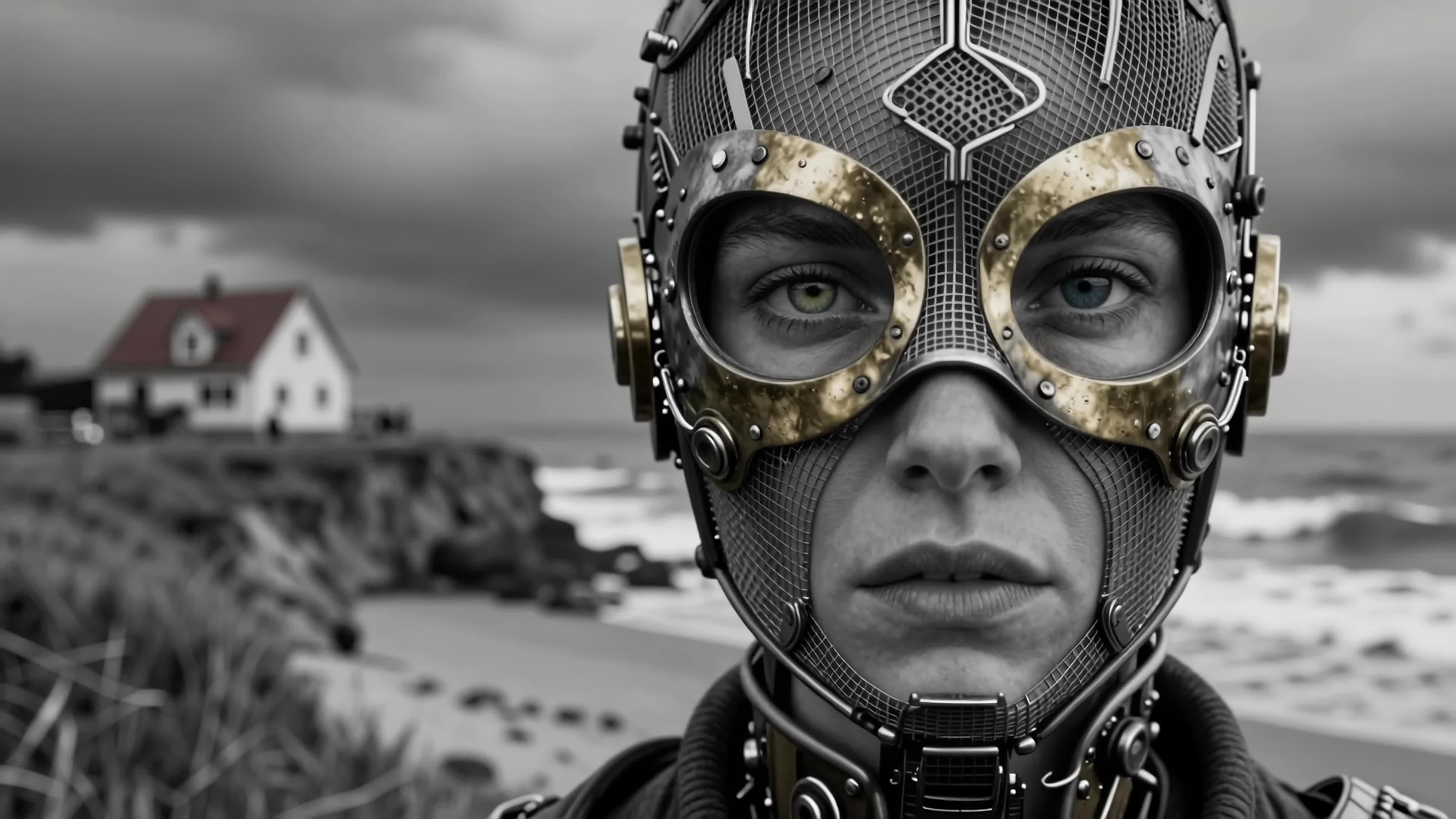 4K Video - Armored steampunk woman stares intensely near stormy coast with isolated house in background.