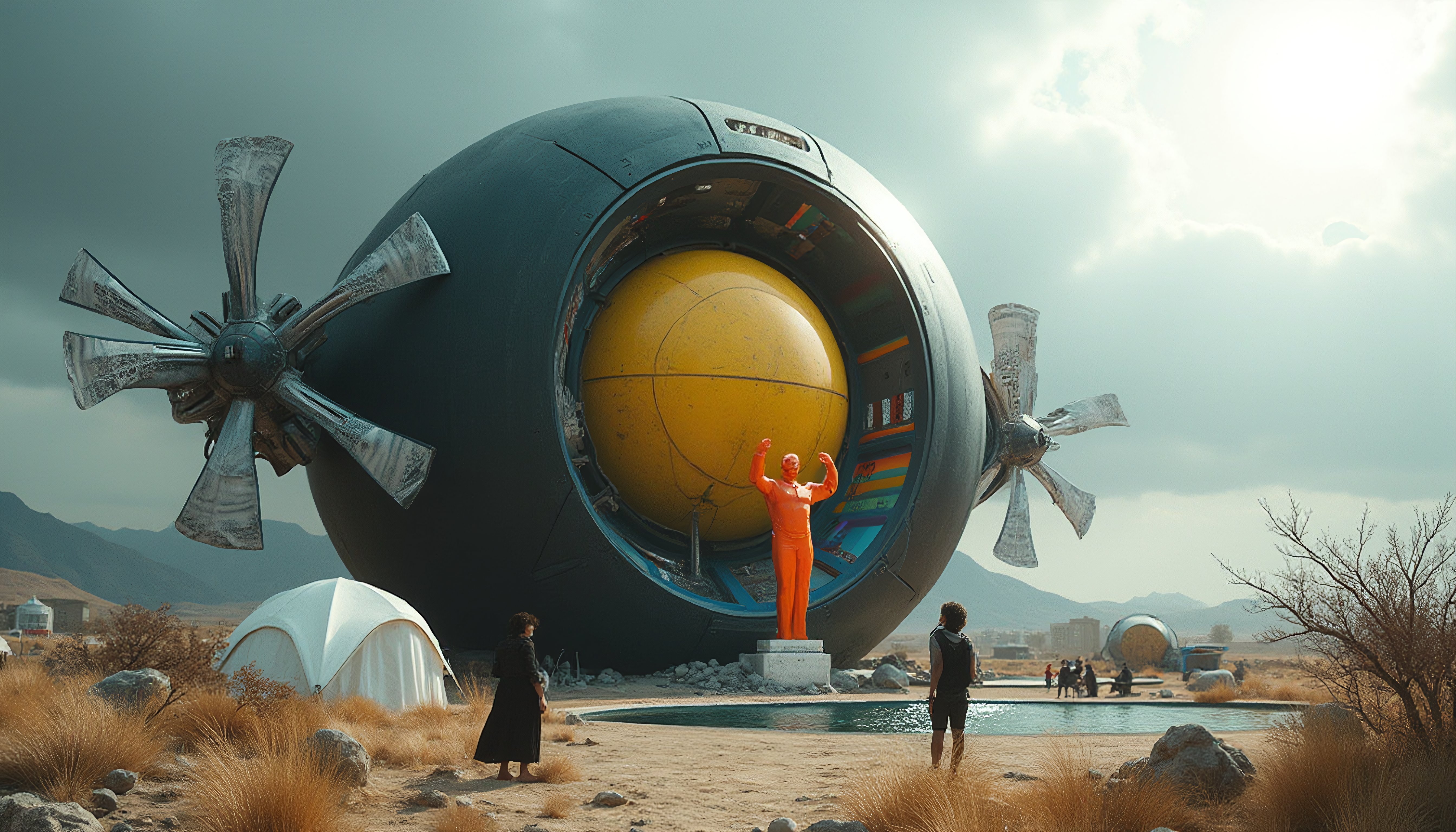 Futuristic Sci-Fi Airship in Desert Landscape