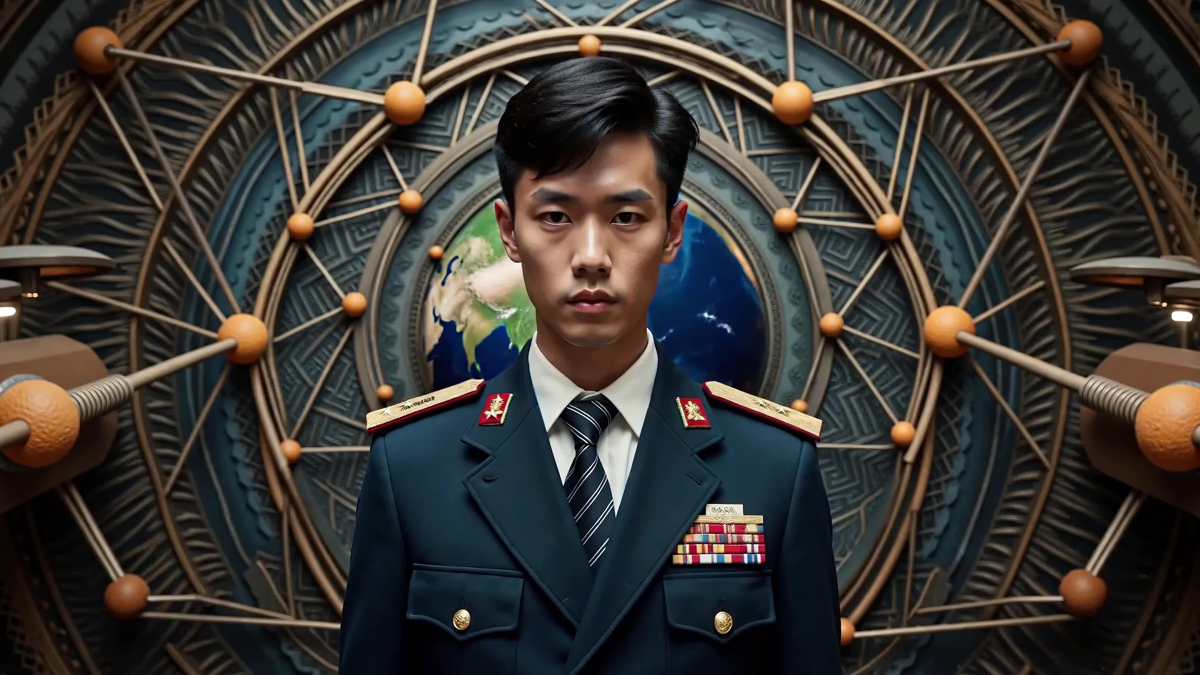 4K Video - Military leader standing before cosmic gear mechanism with Earth backdrop emitting electric energy burst.