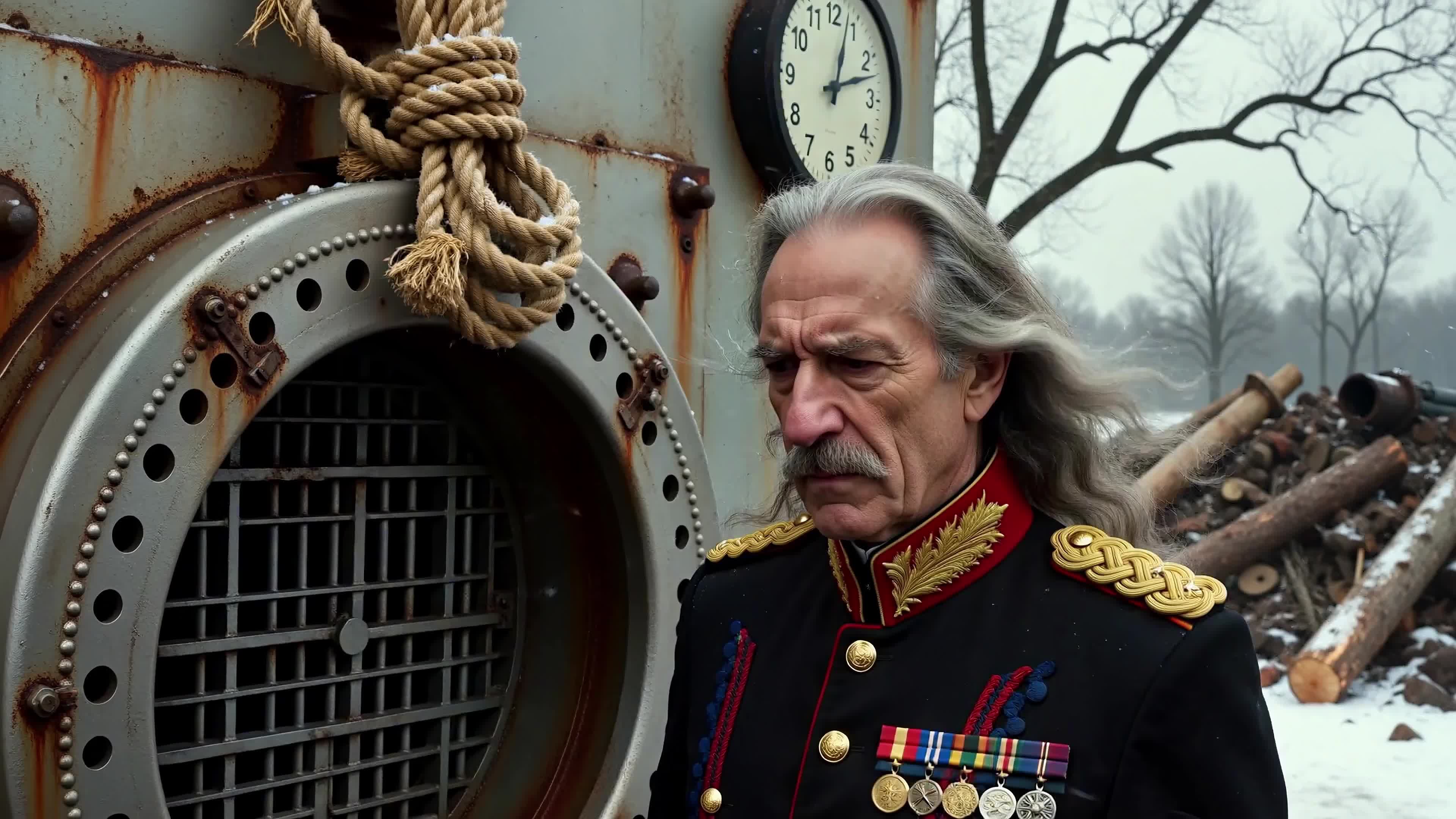 4K Video - Elderly decorated general standing beside rusted industrial gate with rope knot and analog clock during snowy wintry day amidst ruins and bare trees.