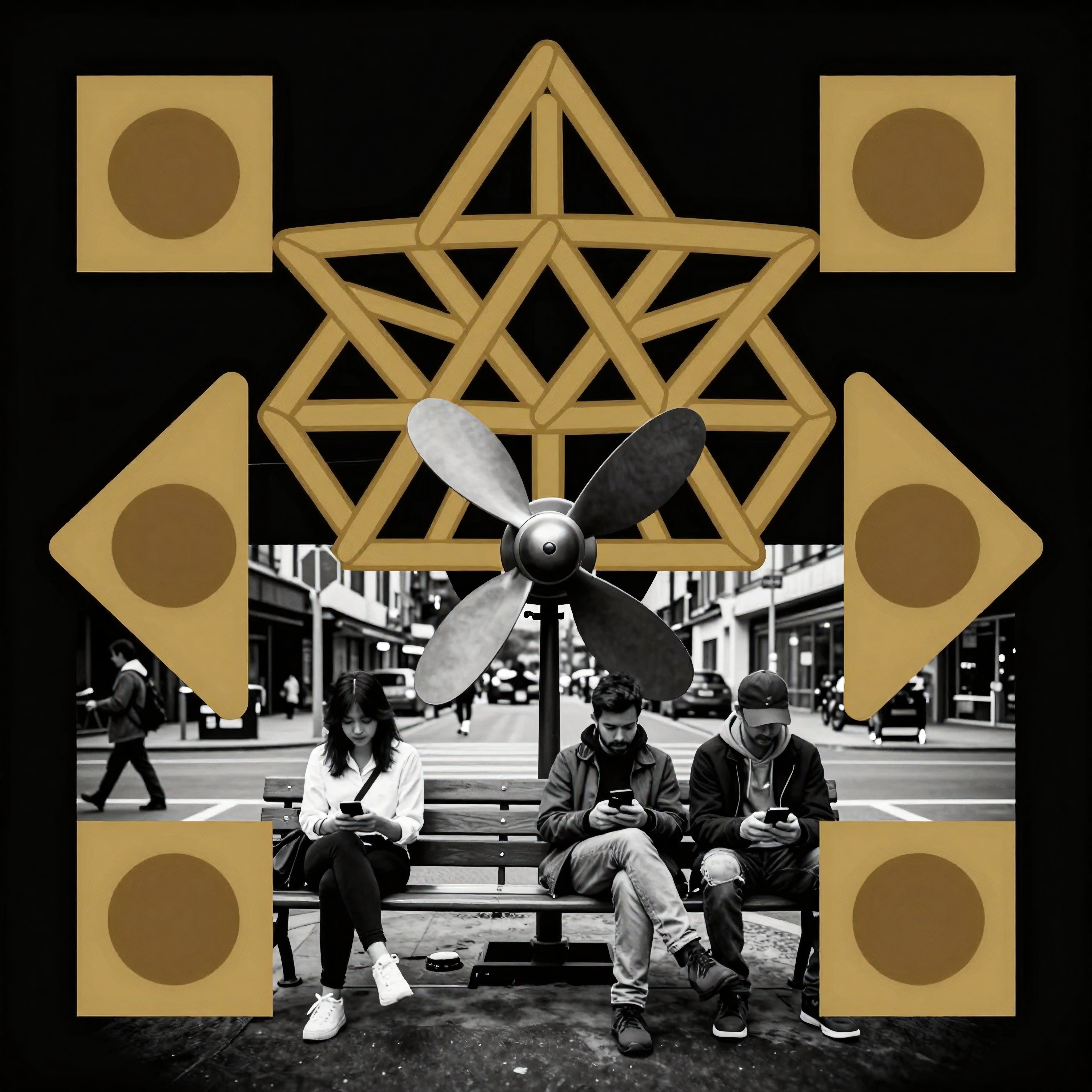 Urban Bench Scene with Abstract Geometric Overlay