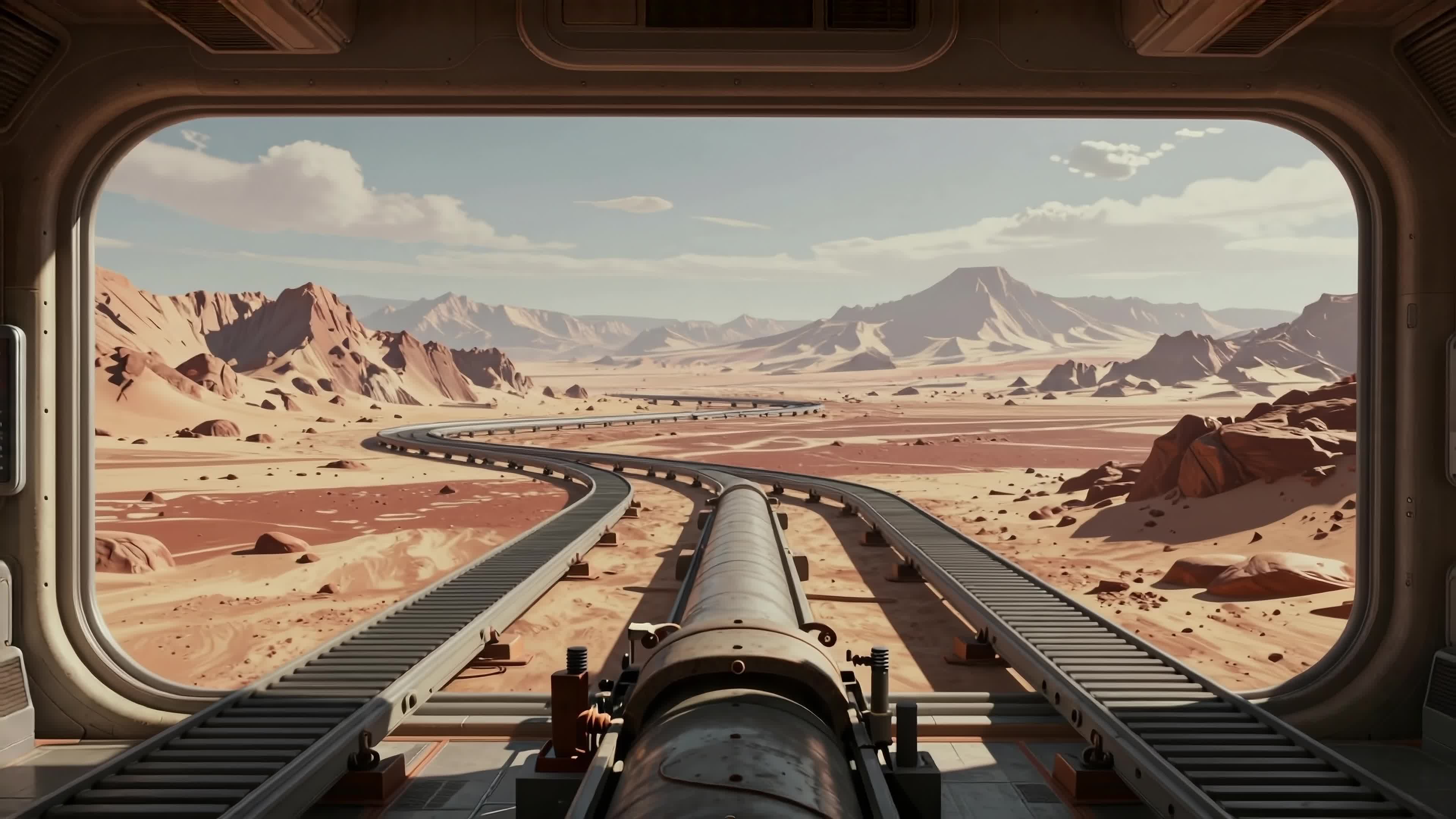 4K Video - Futuristic monorail traverses endless Martian desert under clear skies with dramatic rocky landscapes visible beyond.