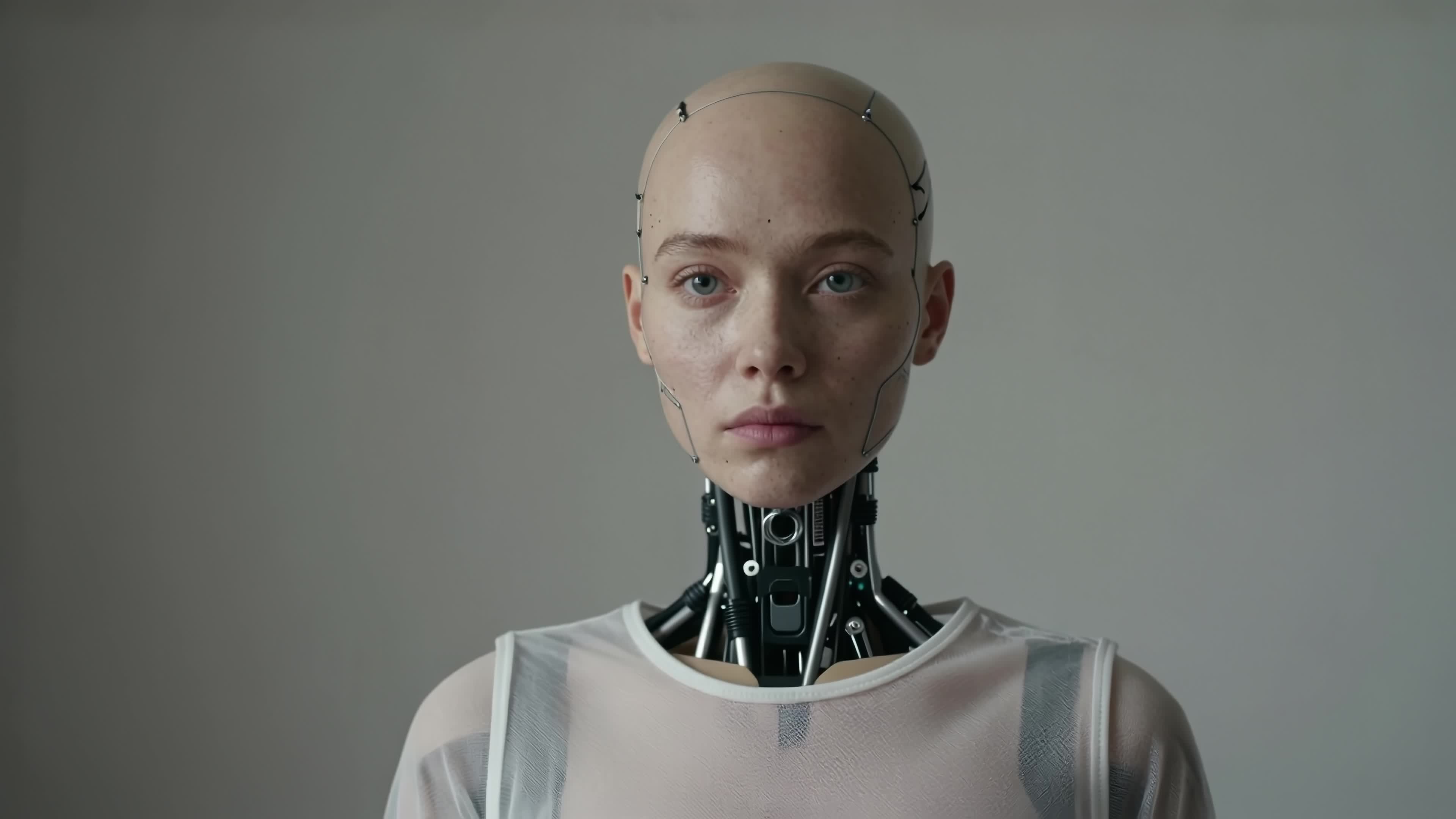 4K Video - Android woman staring silently with exposed mechanical parts revealing cyborg technology in clinical lab setting.