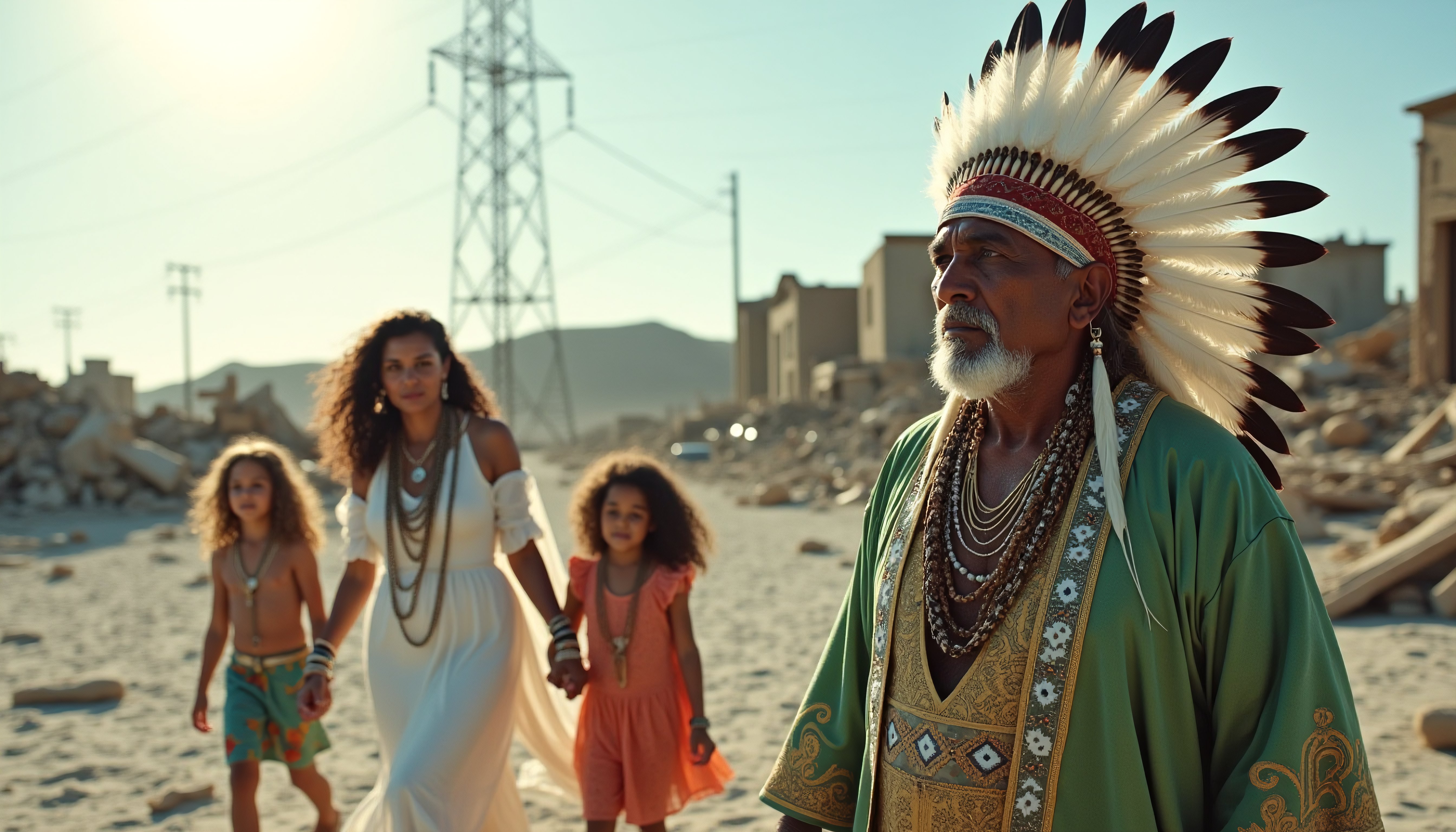 Native American Family Walking Through Urban Desert Landscape