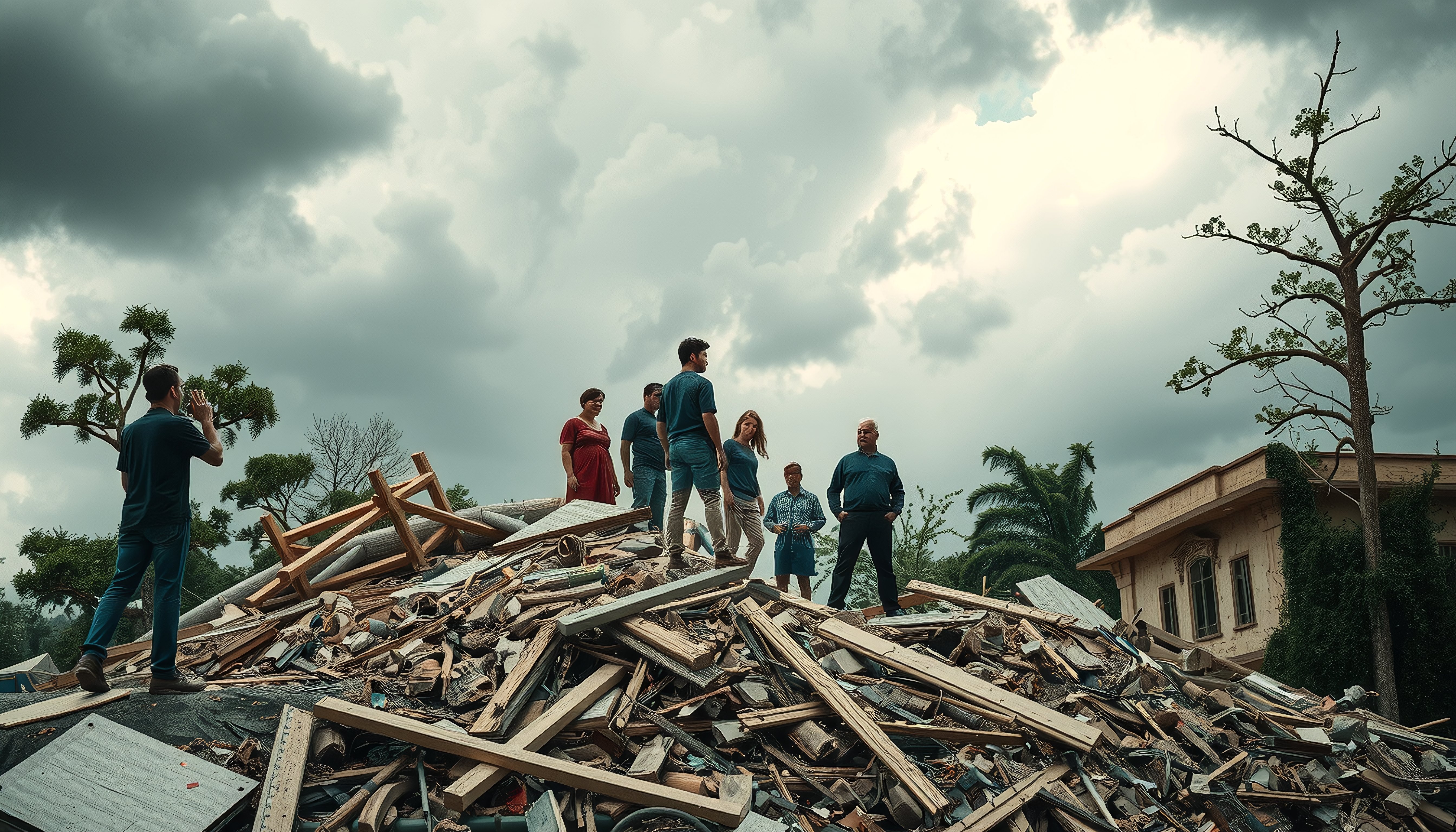 Group Standing on Debris Pile Under Stormy Sky