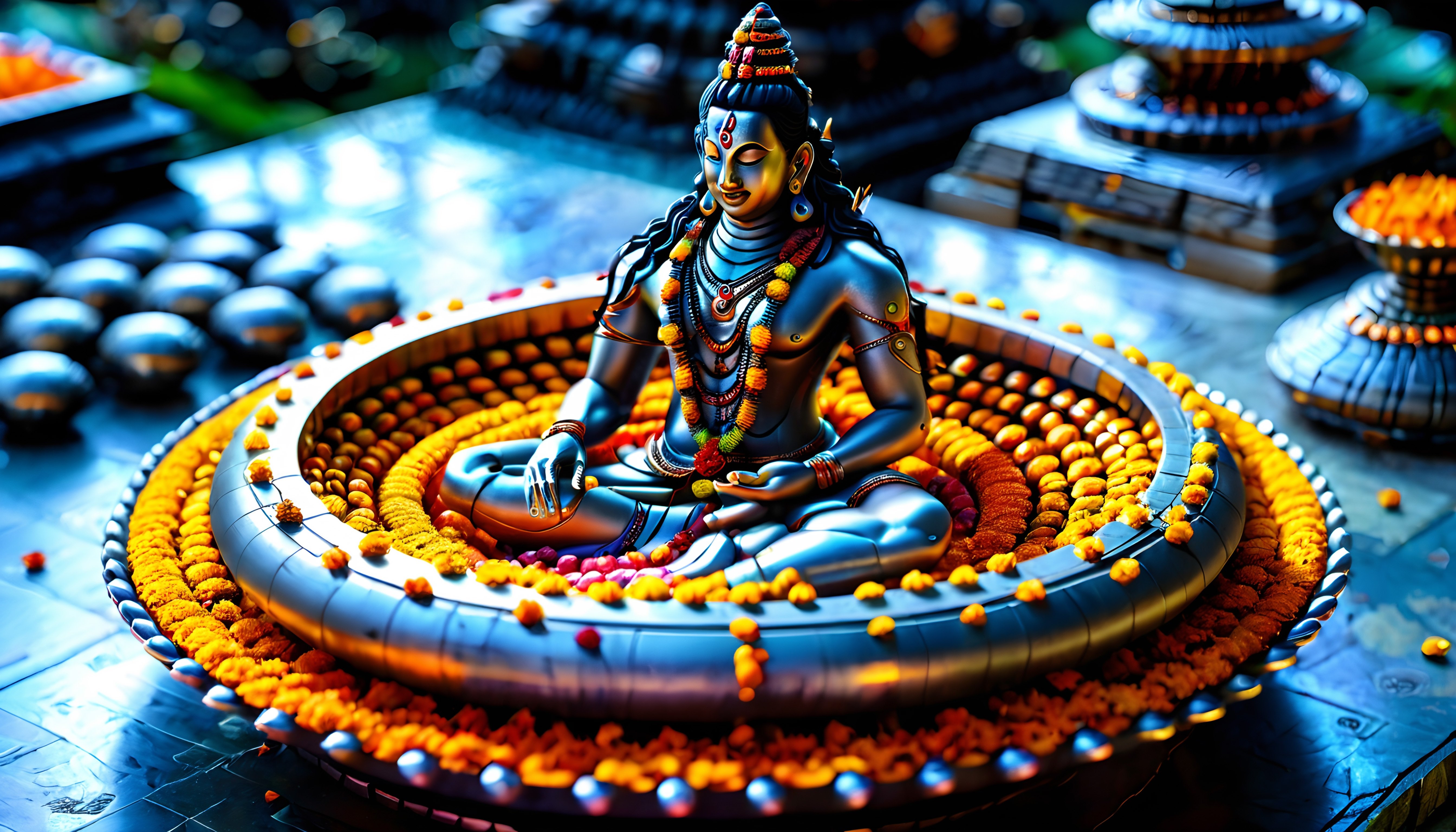 Hindu Deity Statue in Meditative Pose with Marigold Offerings in Temple Shrine