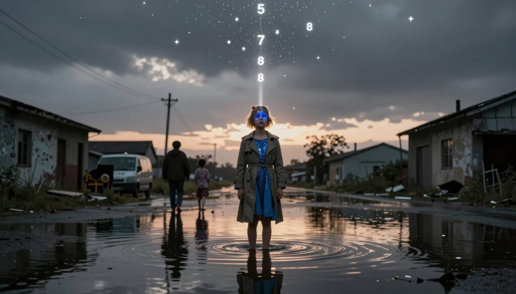 Mystical Girl Standing in Flooded Street with Floating Numbers