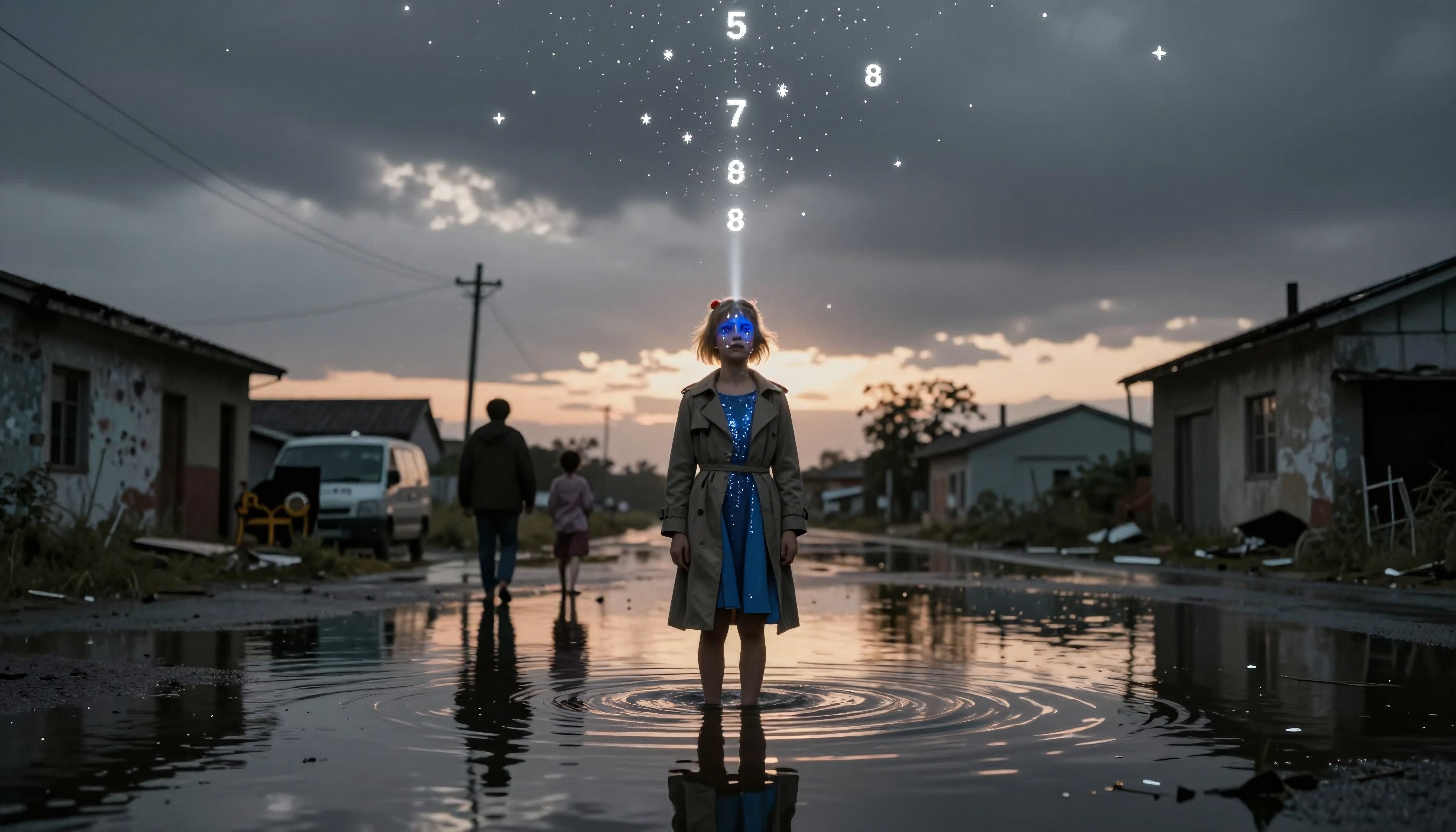 Mystical Girl Standing in Flooded Street with Floating Numbers