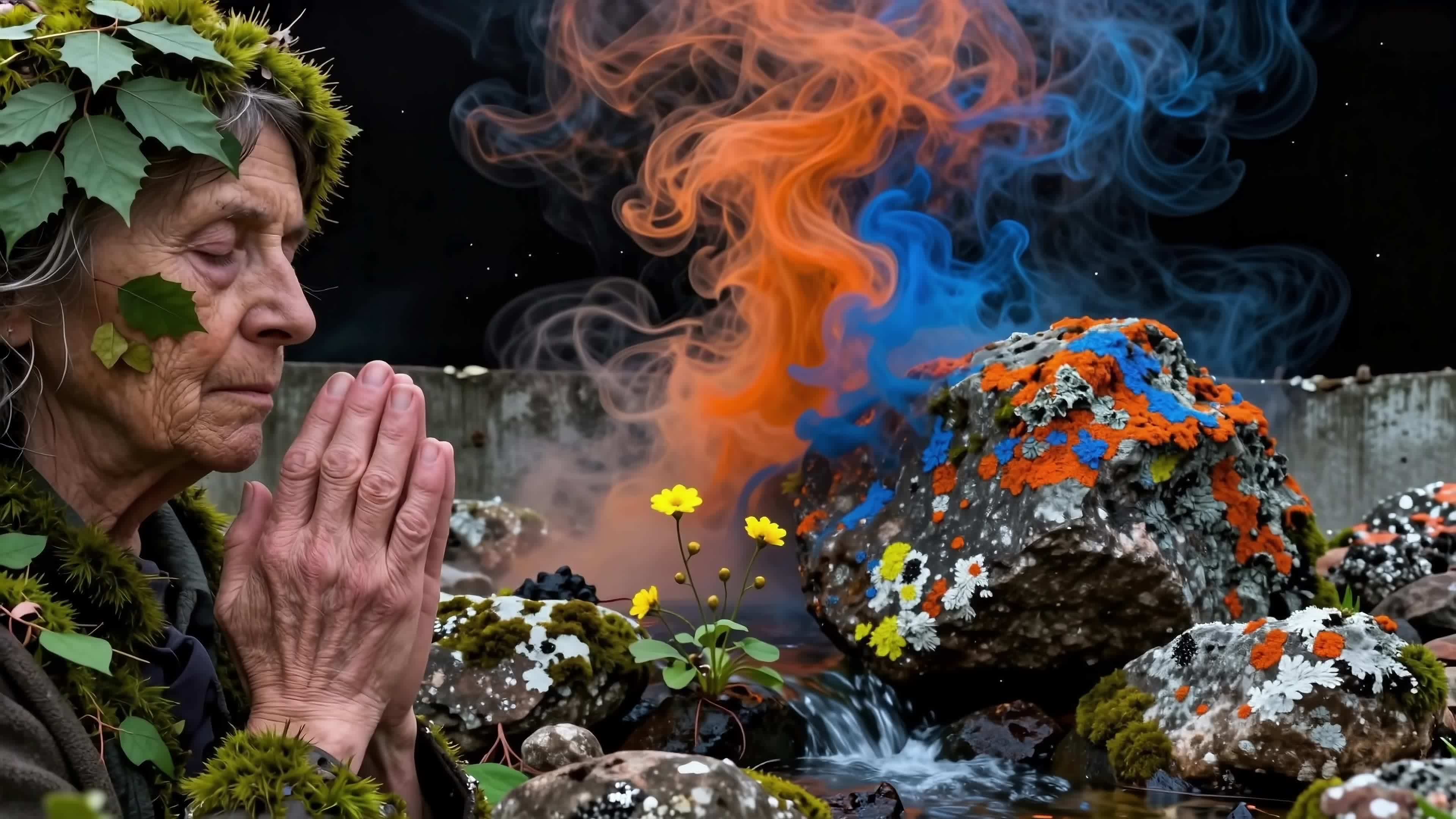 4K Video - Ancient elder praying amidst colorful smoky ritual surrounded by moss-covered rocks and wildflowers.