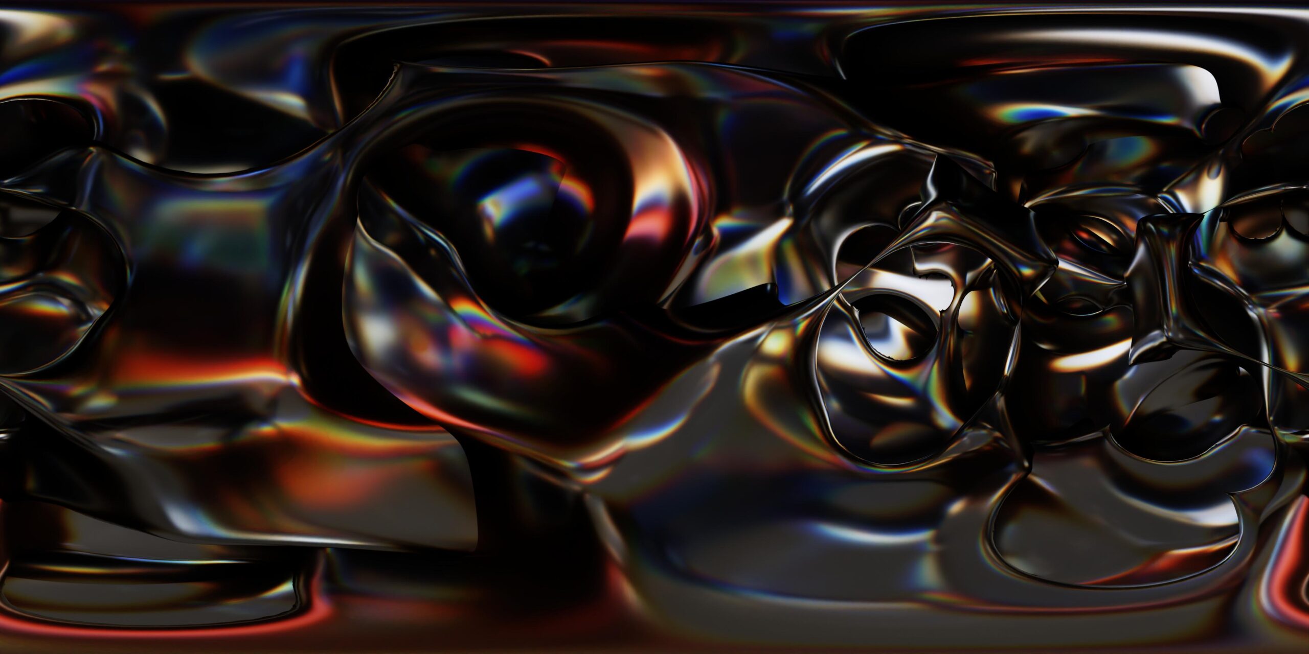 An abstract 360VR environment filled with flowing, blobby bubble-like forms that appear to be made of glossy liquid metal.