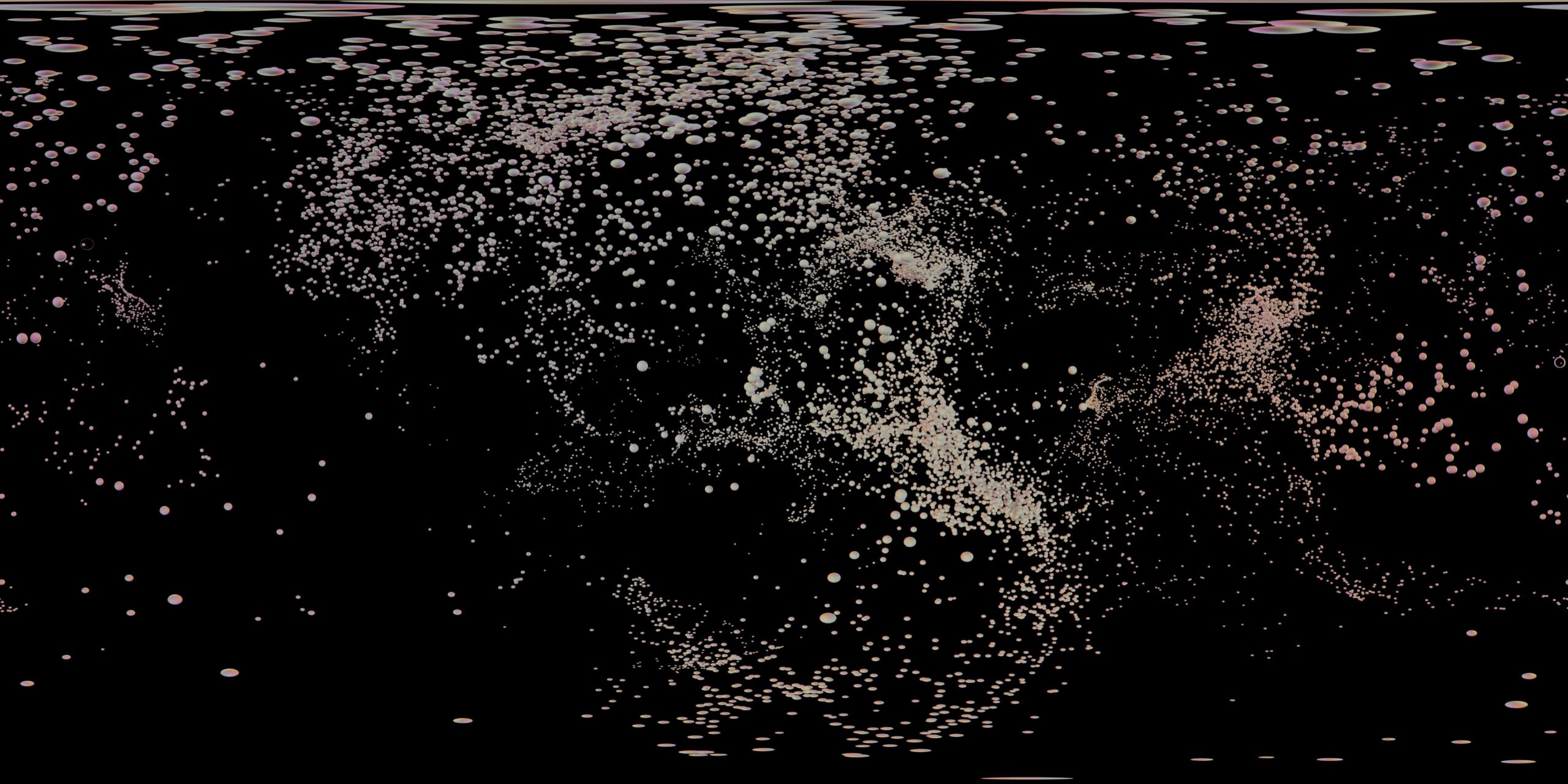An abstract 4K 360VR video of streaming particles against a black background, resembling a chaotic cosmic night sky.