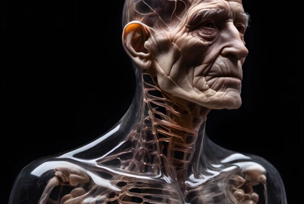 A detailed 3D rendering of an elderly human figure showing visible anatomy with translucent skin and intricate muscle details.