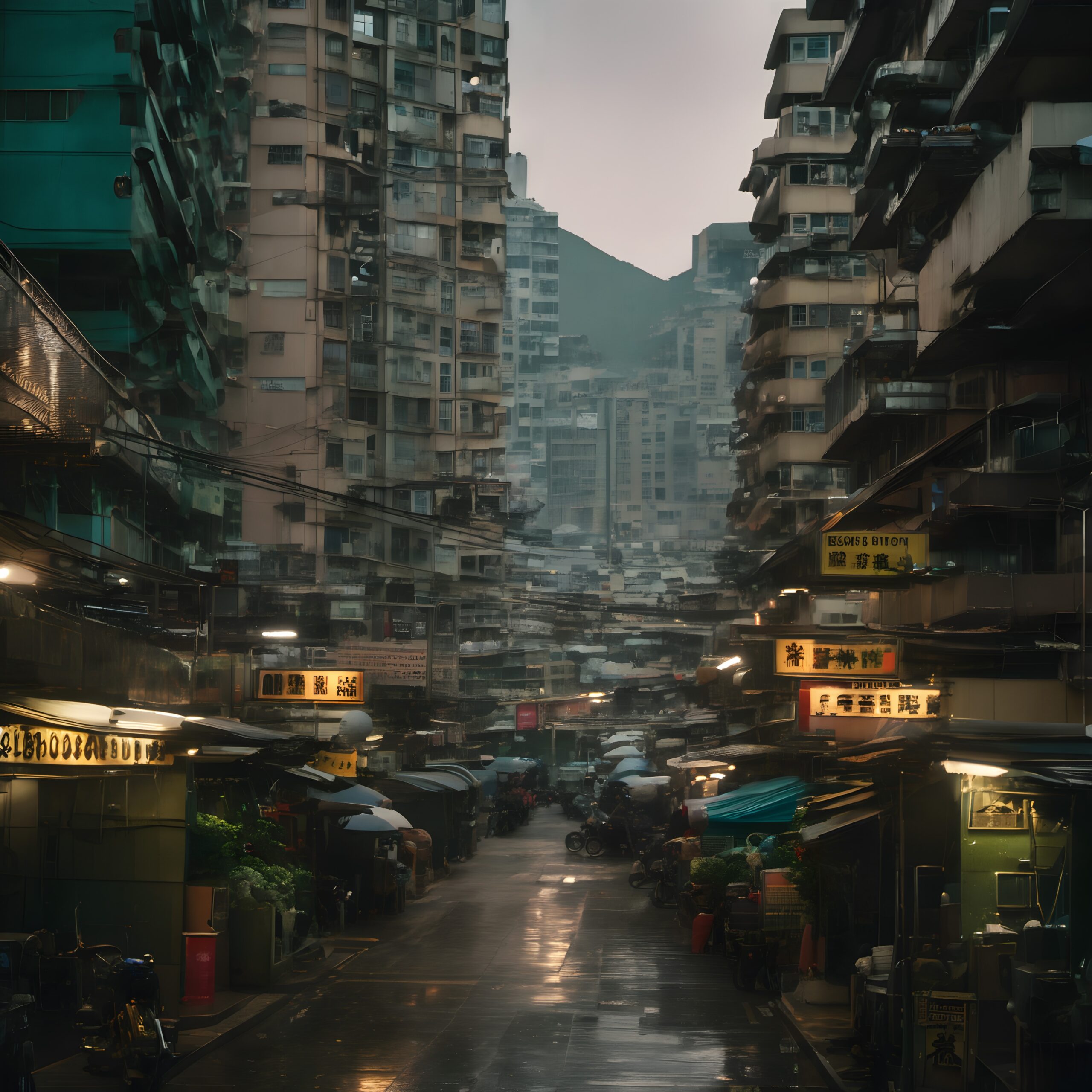 A dimly lit cityscape features densely packed buildings lining a narrow alleyway with glowing signs, reflecting on a rain-soaked street.