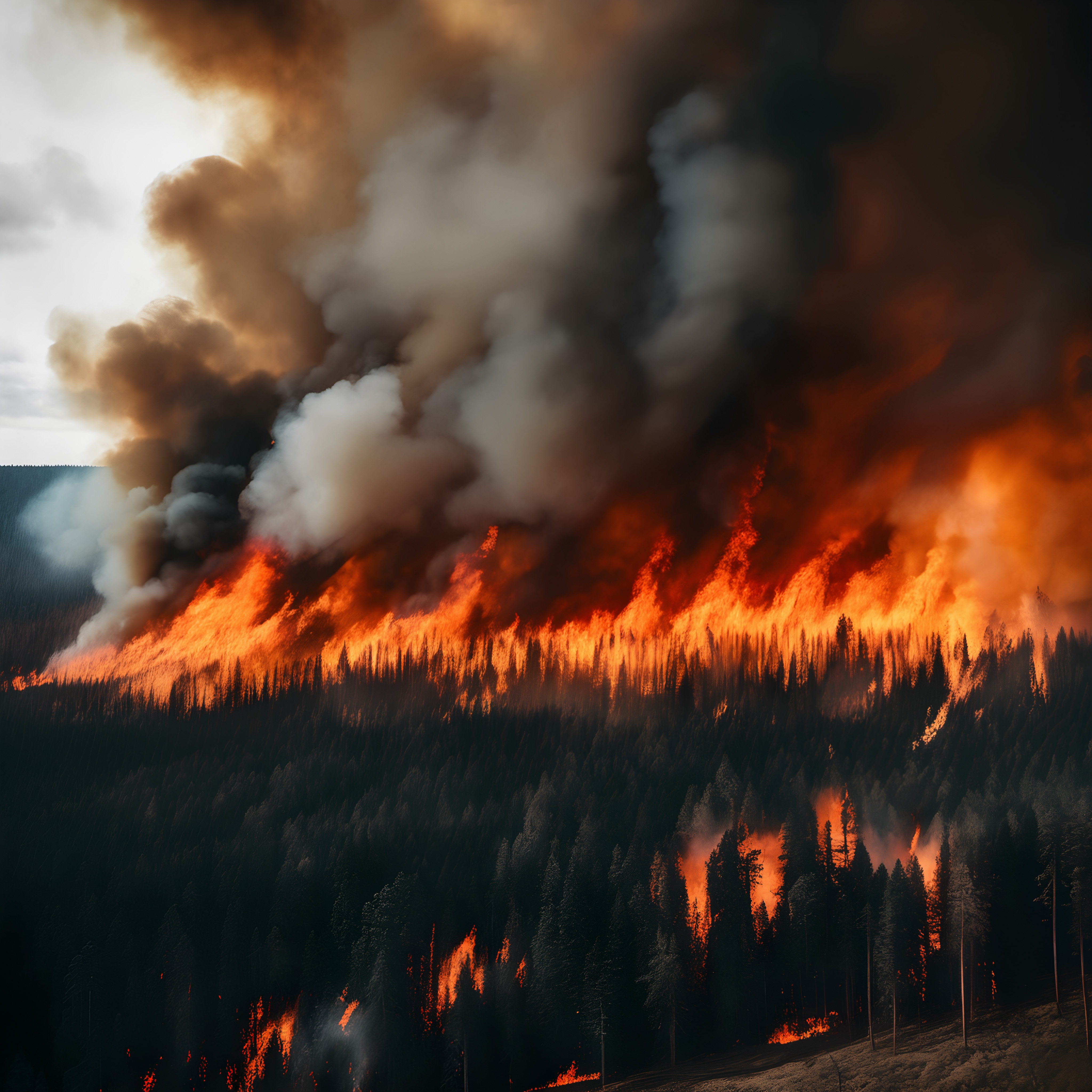 A massive wildfire sweeps through a dense forest, with towering flames illuminating the sky and thick smoke clouds spreading in the atmosphere.