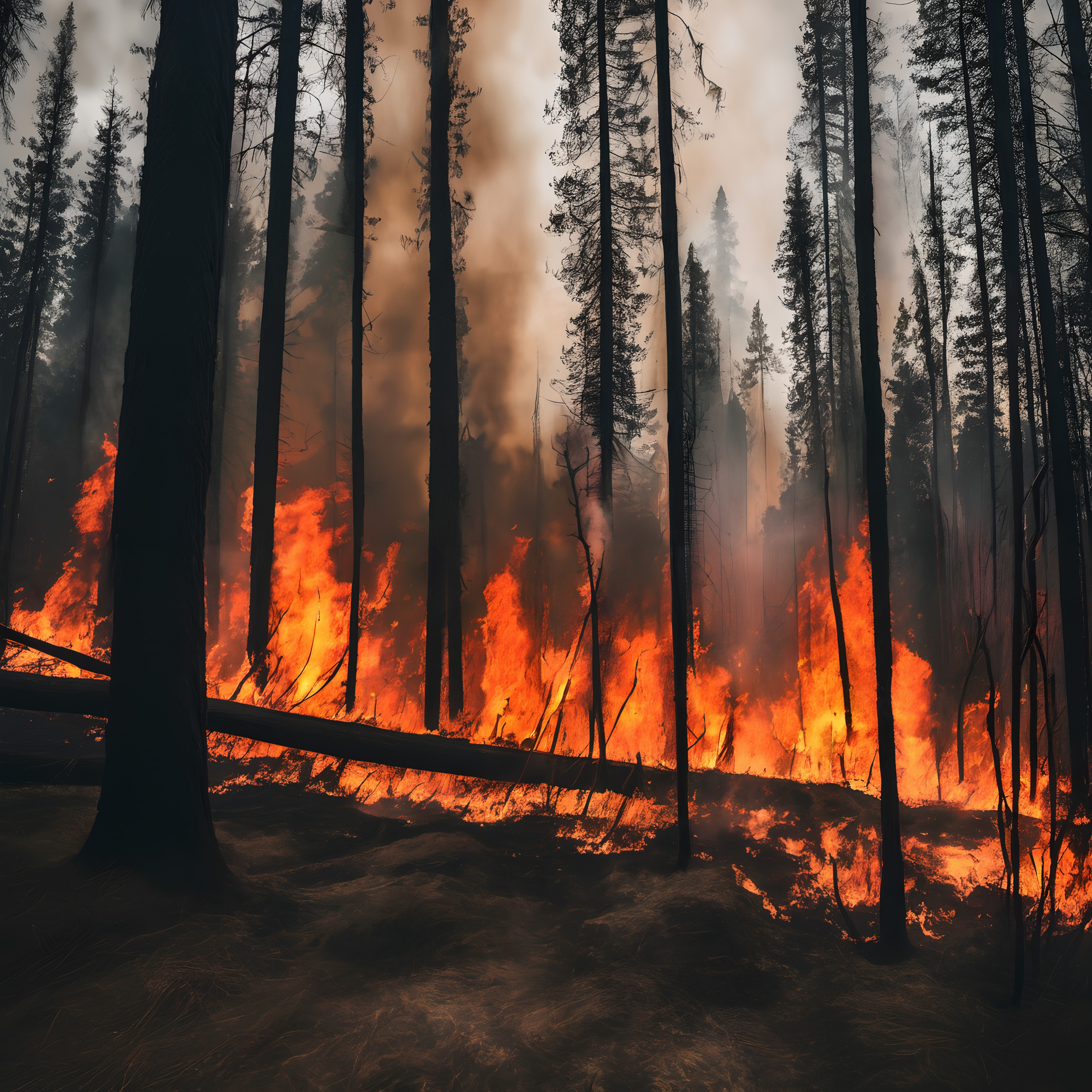 Intense wildfire consuming forest landscape with towering trees and billowing smoke.
