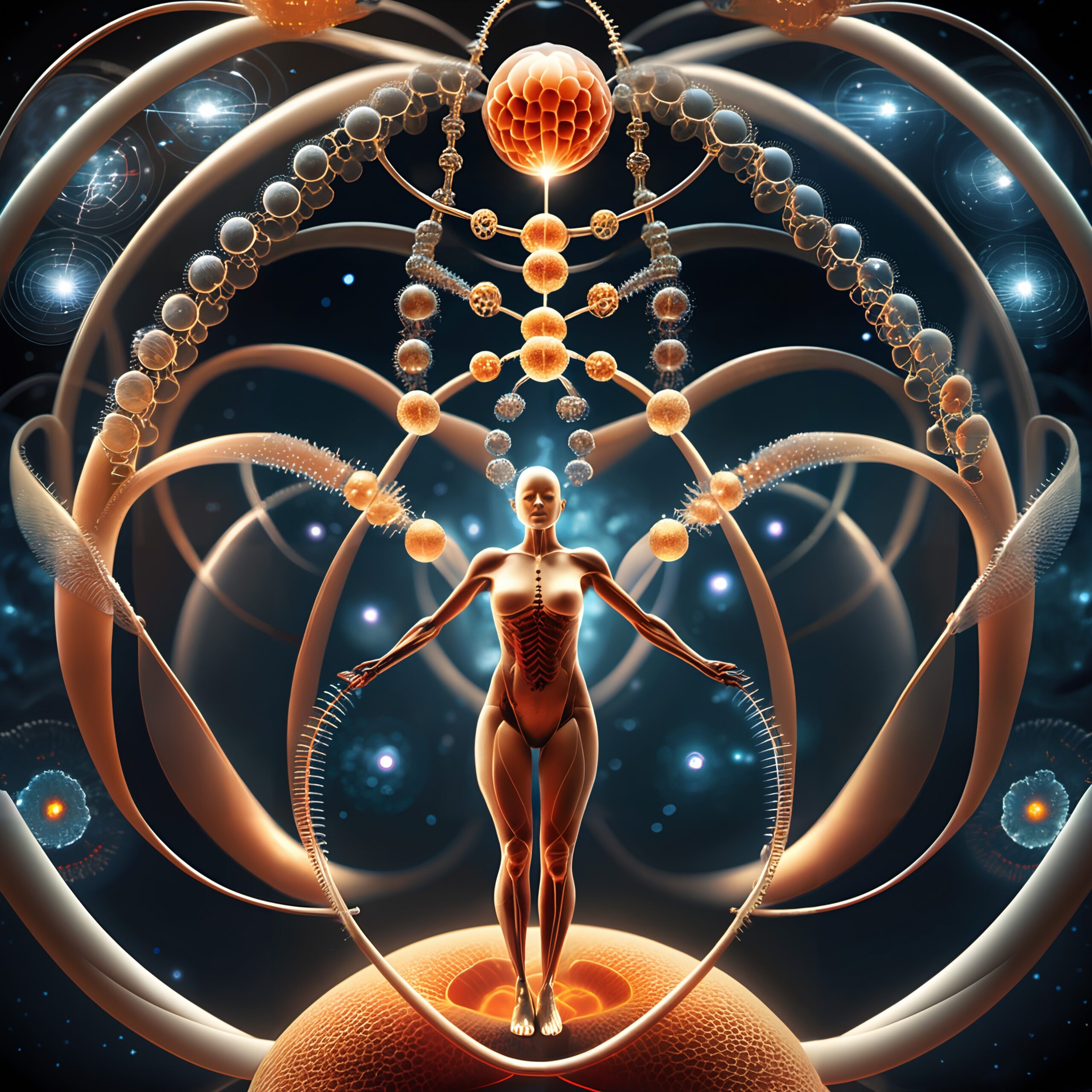 Futuristic human figure among cosmic orbs and pathways.