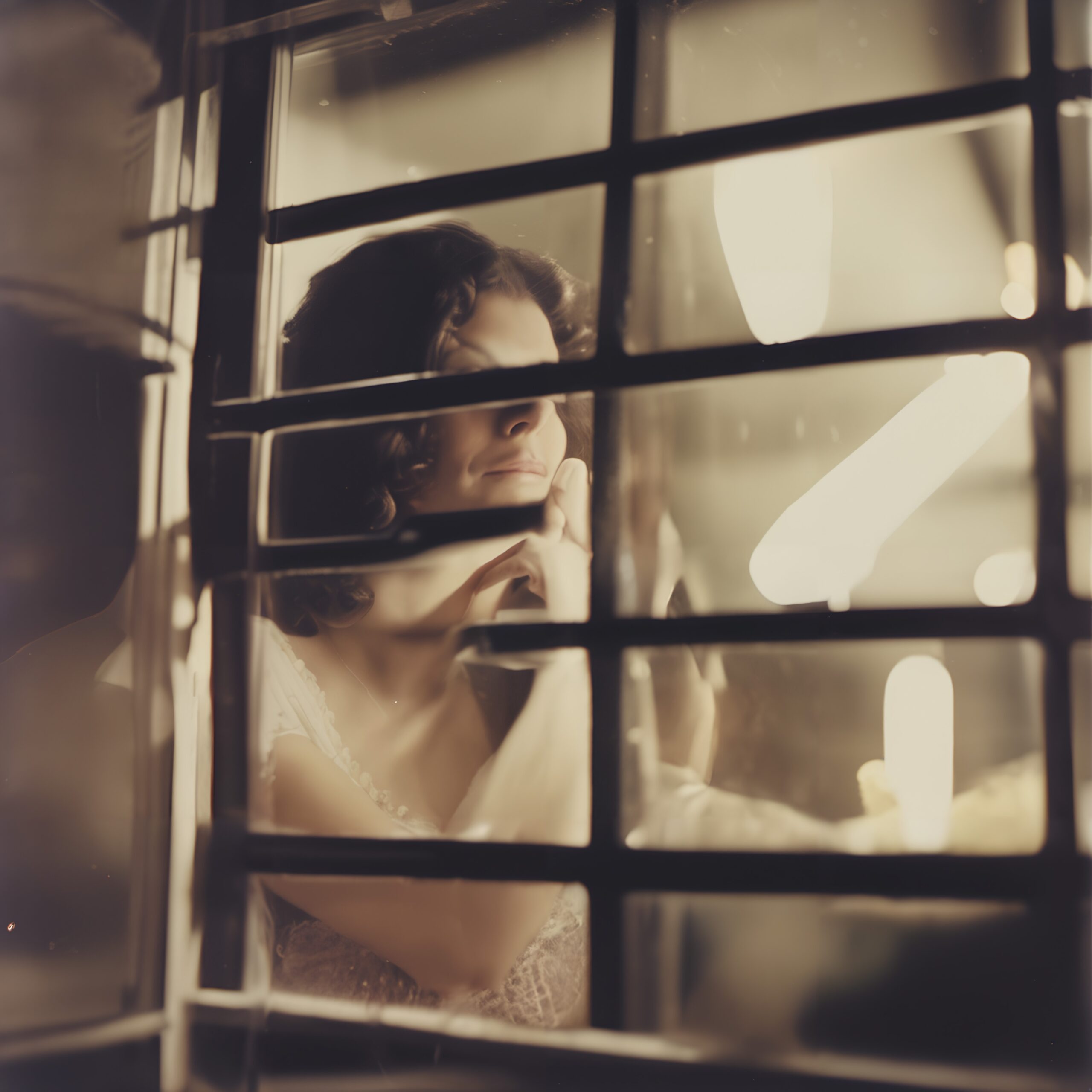 A woman looks out through a window grid, lost in thought.