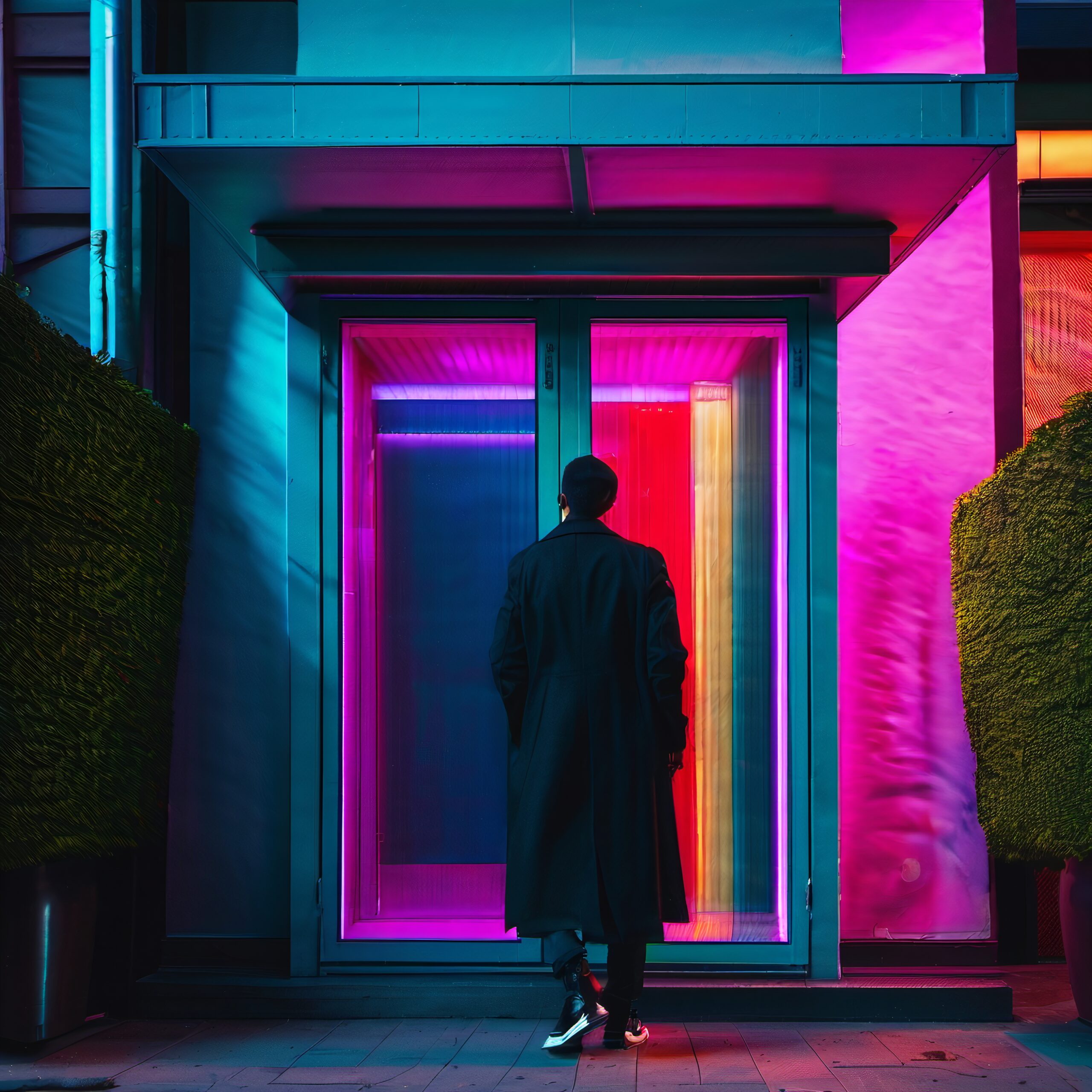 Vibrant neon lights illuminate a person standing at a colorful doorway in an urban setting, creating a futuristic atmosphere.