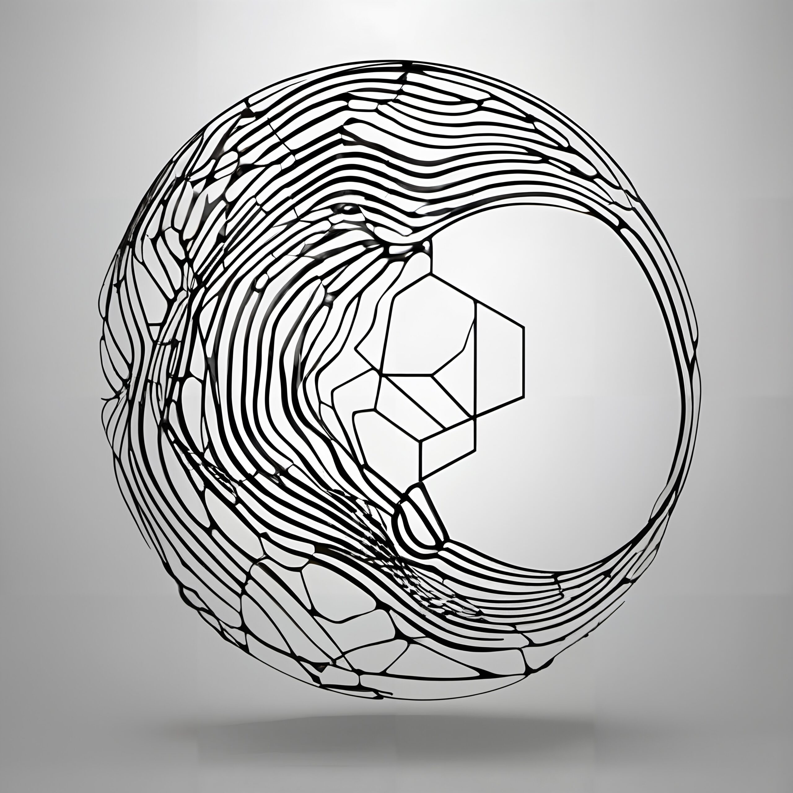 Spherical abstract wireframe art with intricate design and geometric balance.