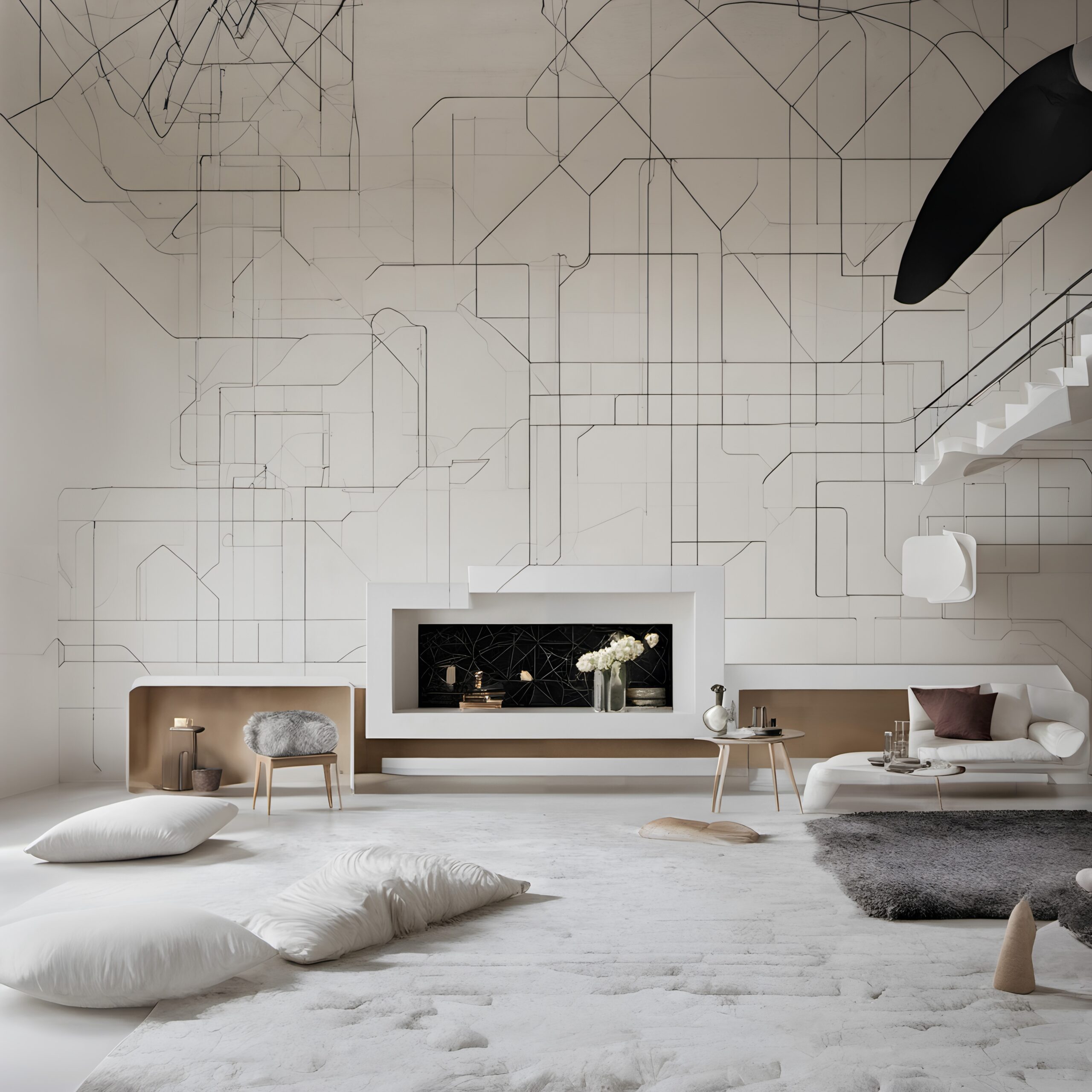 Modern living room with geometric design elements, neutral colors, and minimalist furniture.