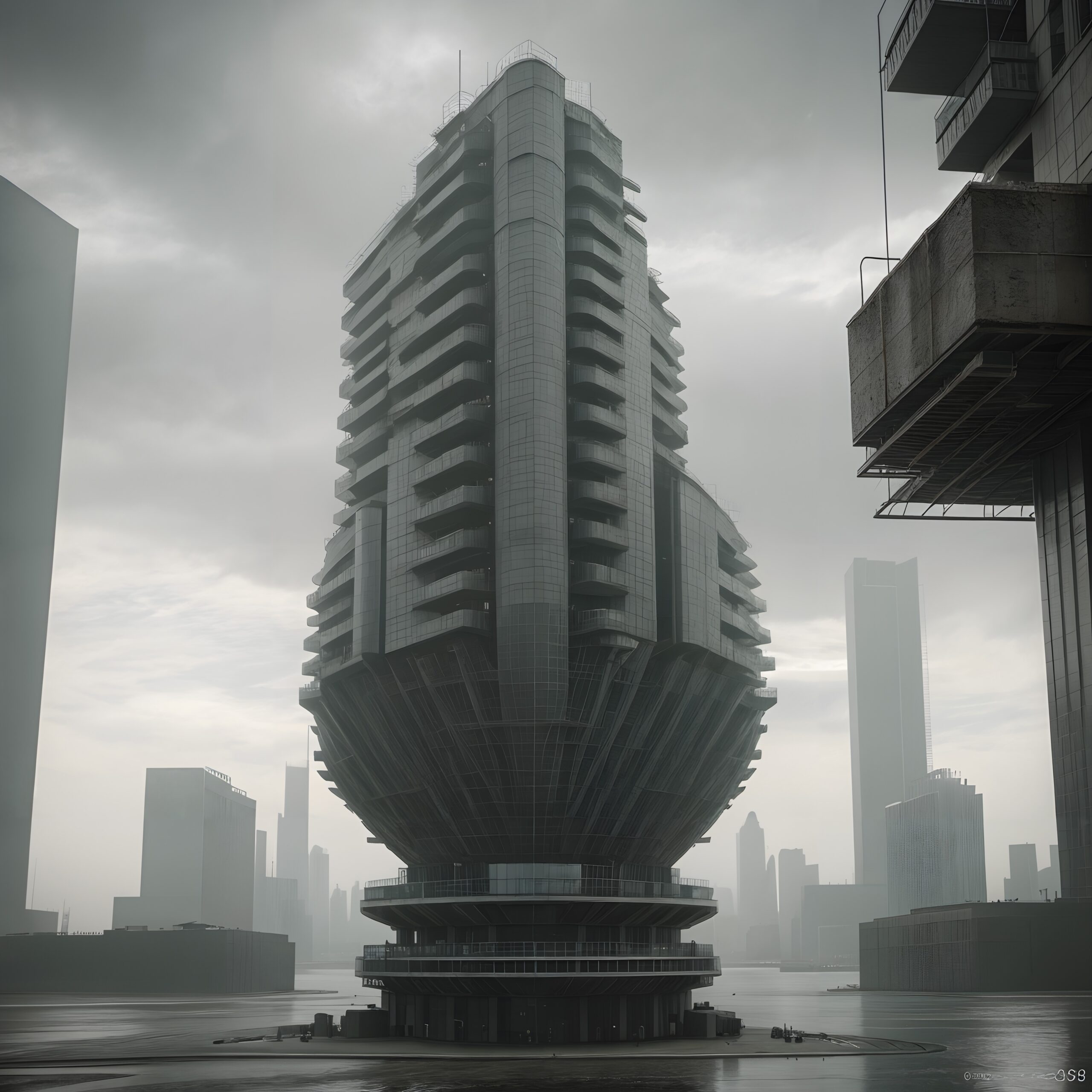 A futuristic skyscraper in a misty urban landscape, showcasing innovative architectural design and modernity.