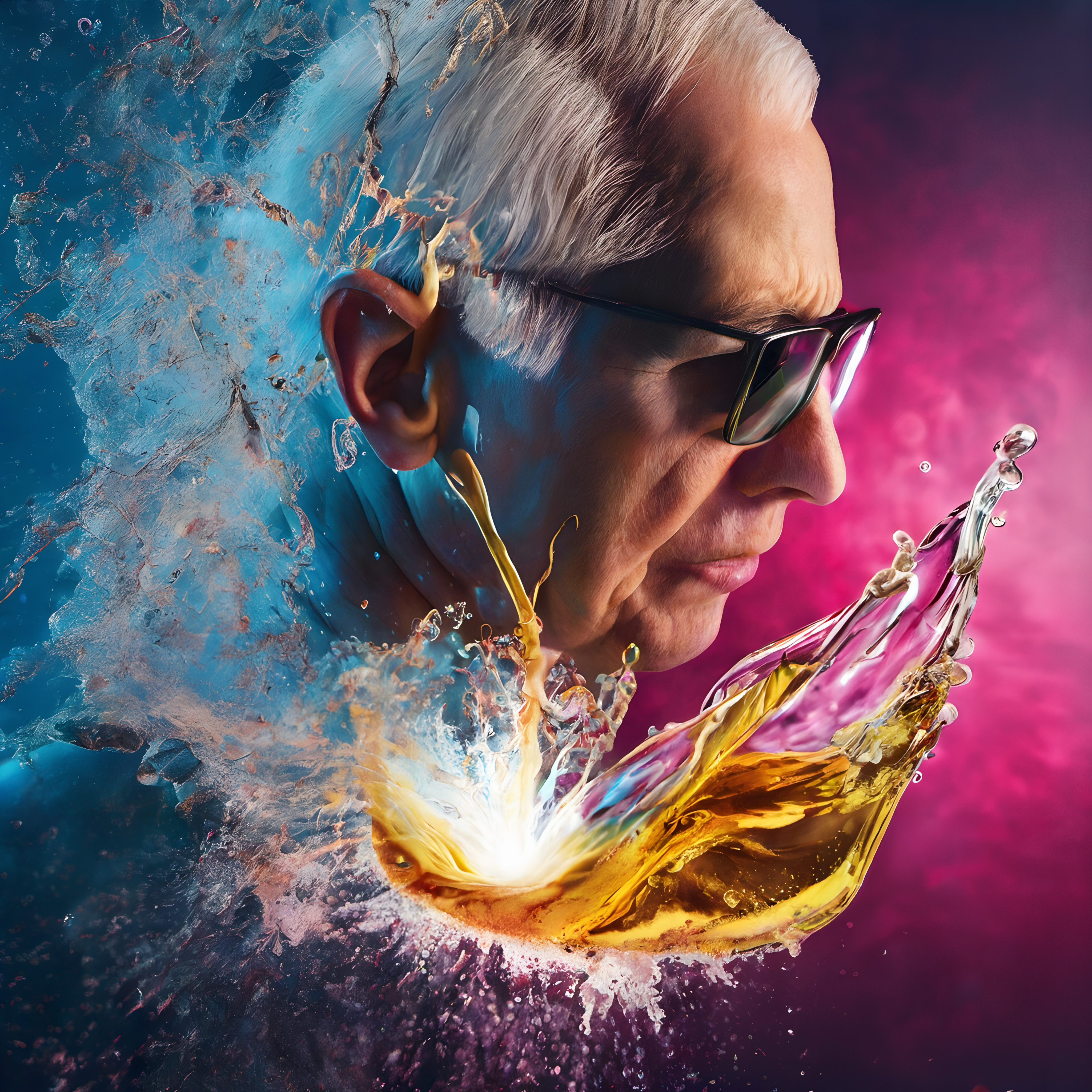 Dynamic abstract art featuring a colorful explosion around a contemplative figure in vivid modern hues.