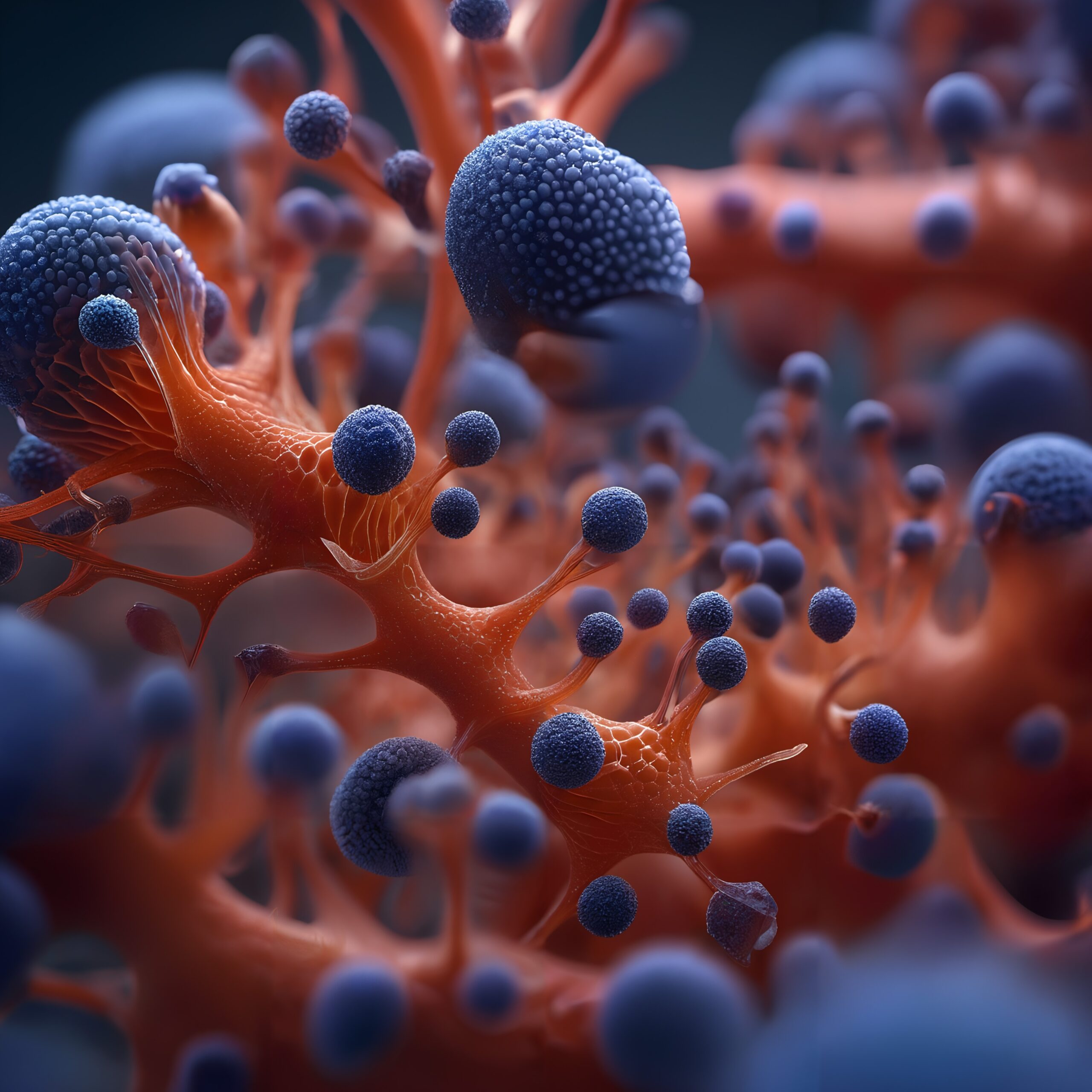 An abstract image of vibrant orange and blue organic structures with interconnected spheres resembling microbial life.