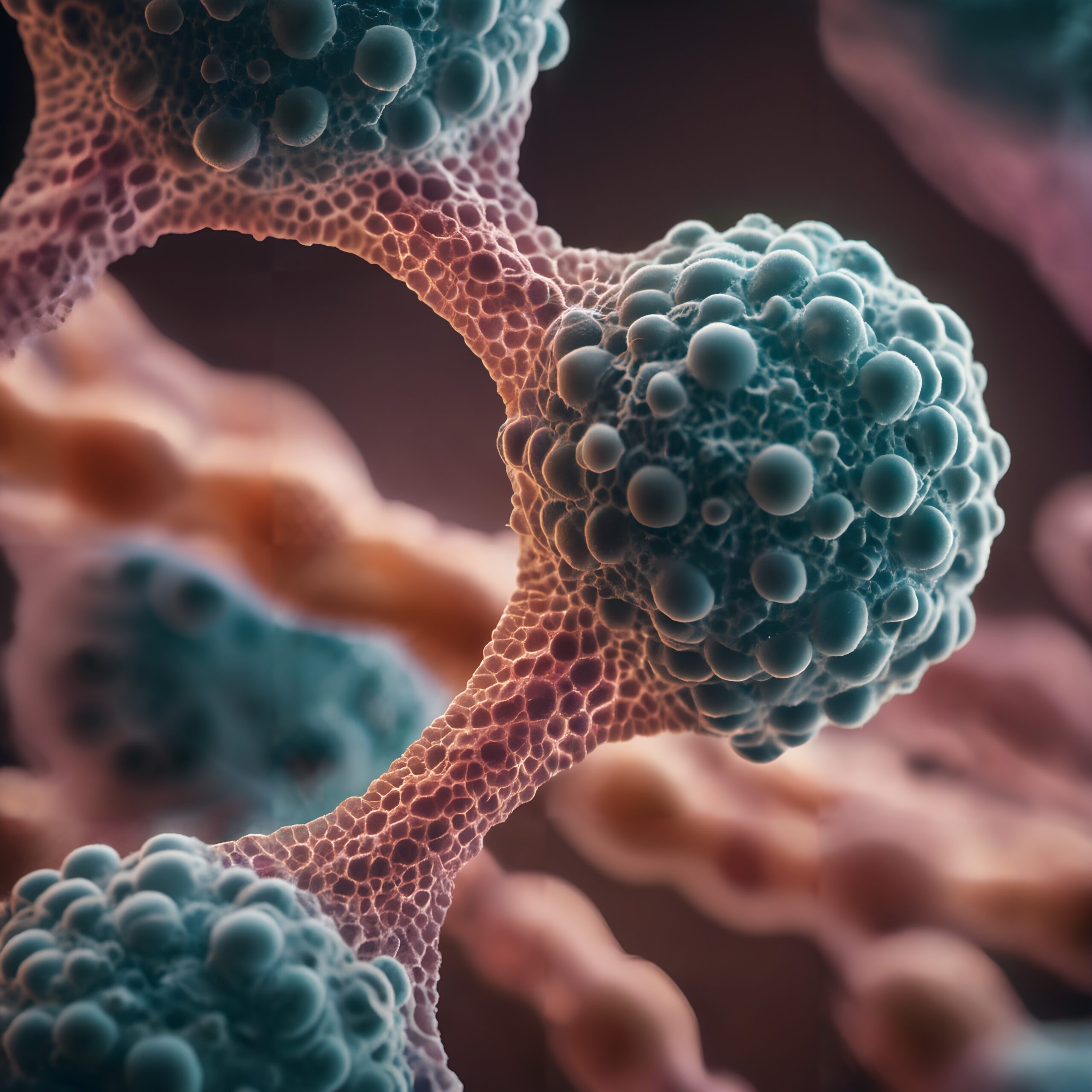 Microscopic view of cellular network with spherical nodes.