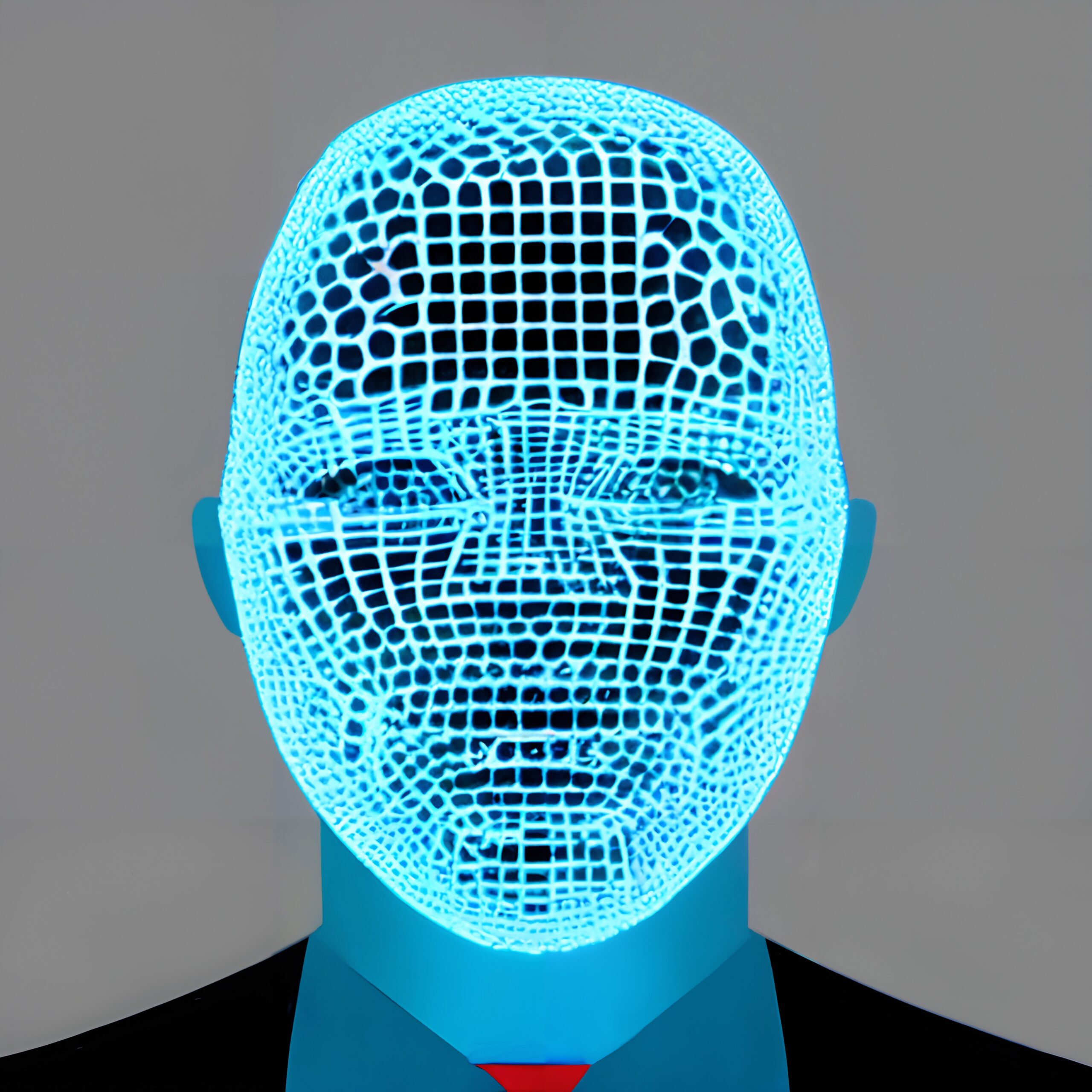A blue mannequin head with a glowing digital wireframe pattern on a gray background.