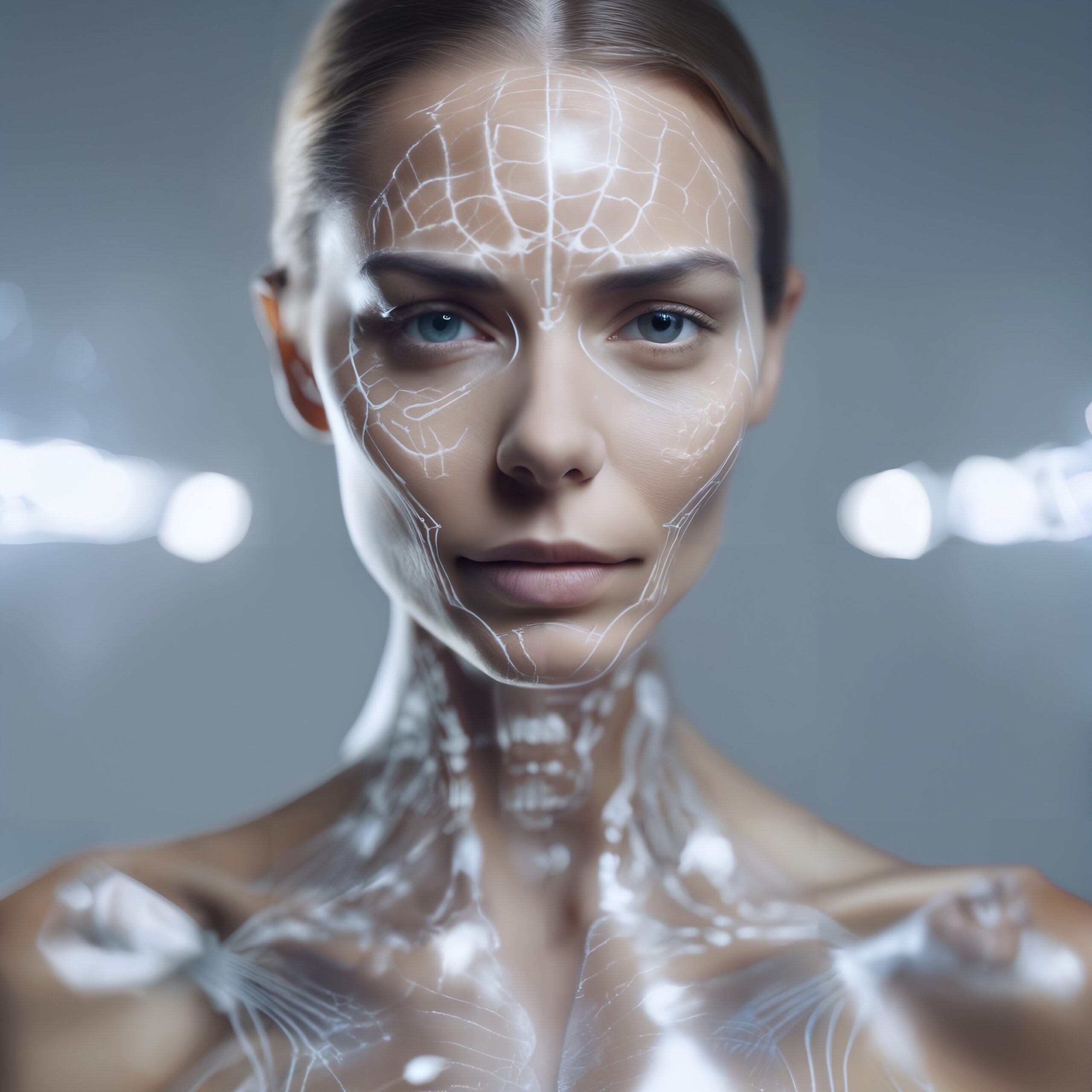A futuristic woman with glowing circuit-like designs, suggesting advanced technology integration.