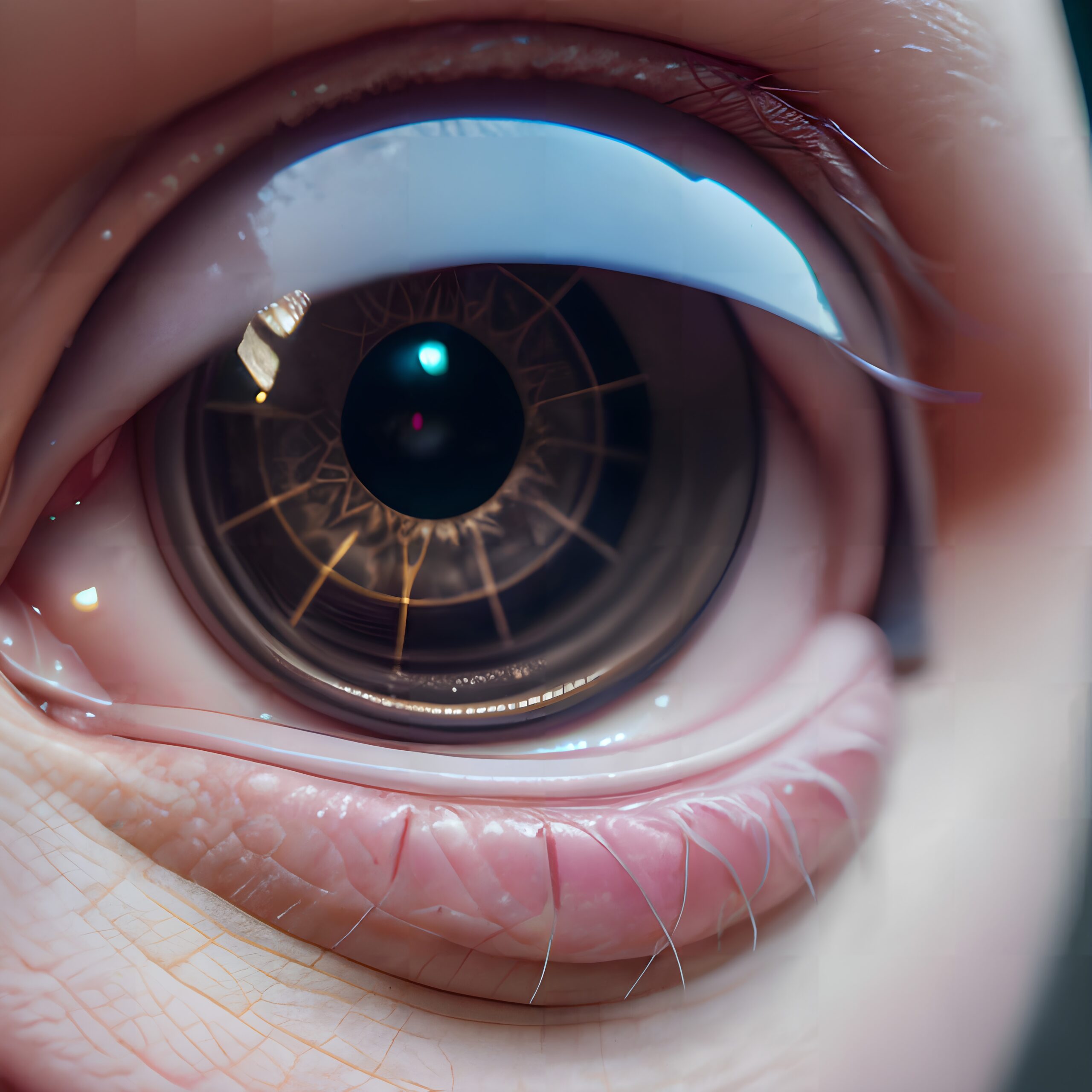 Close-up of a human eye showcasing detailed textures and reflections in the iris and surrounding area.