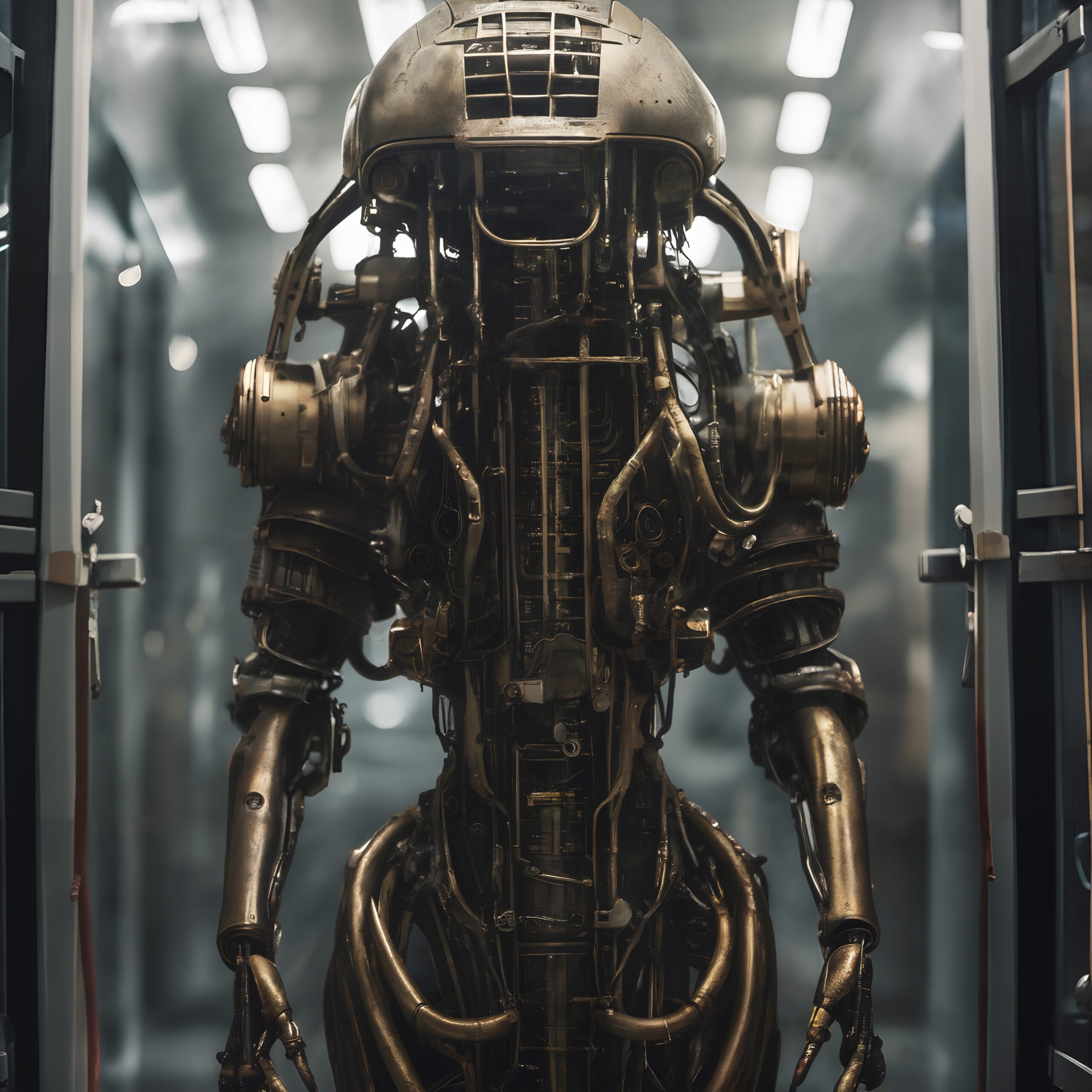 A detailed view of a complex humanoid robot in a futuristic setting, highlighting metal components and advanced engineering.