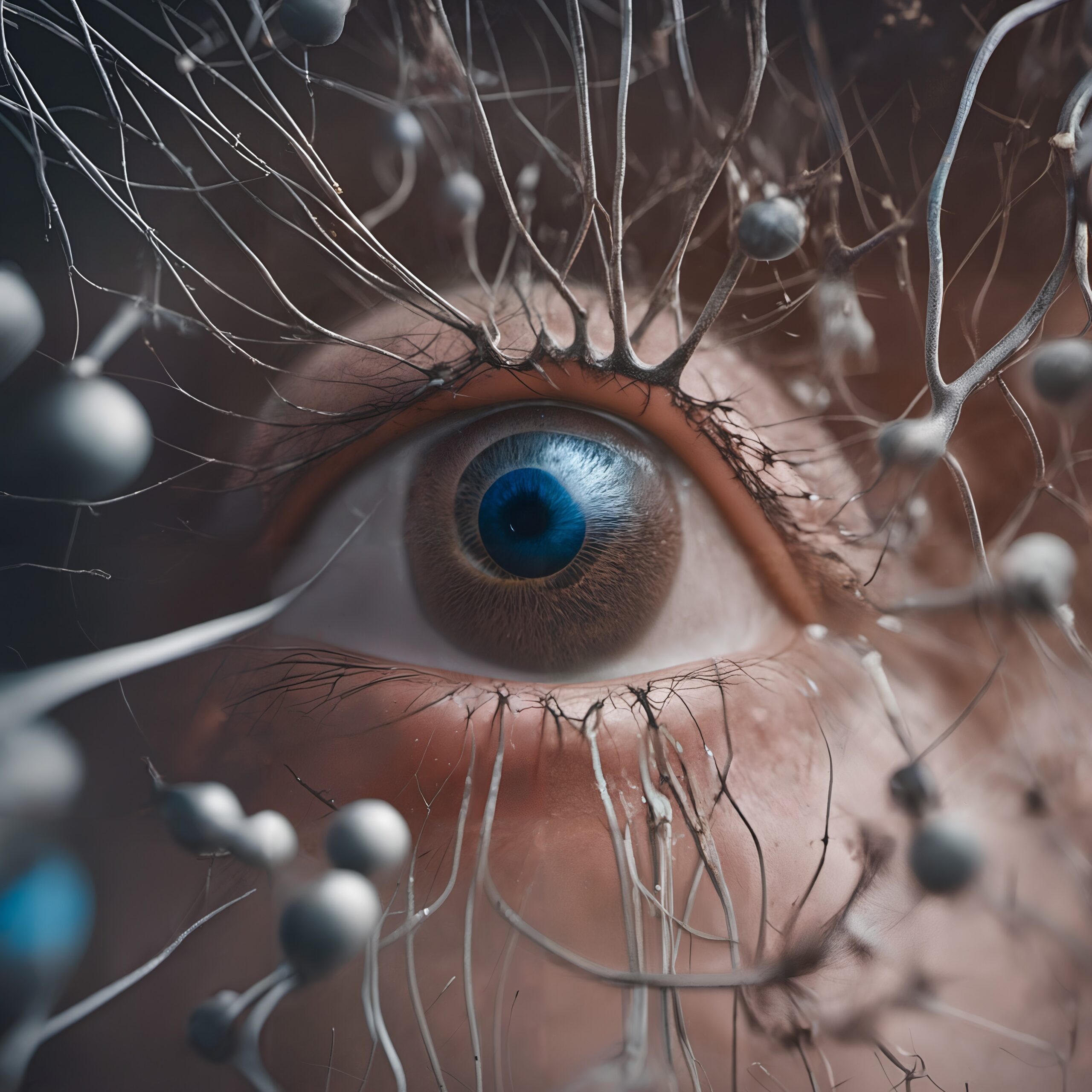 Surreal eye close-up with tendrils.