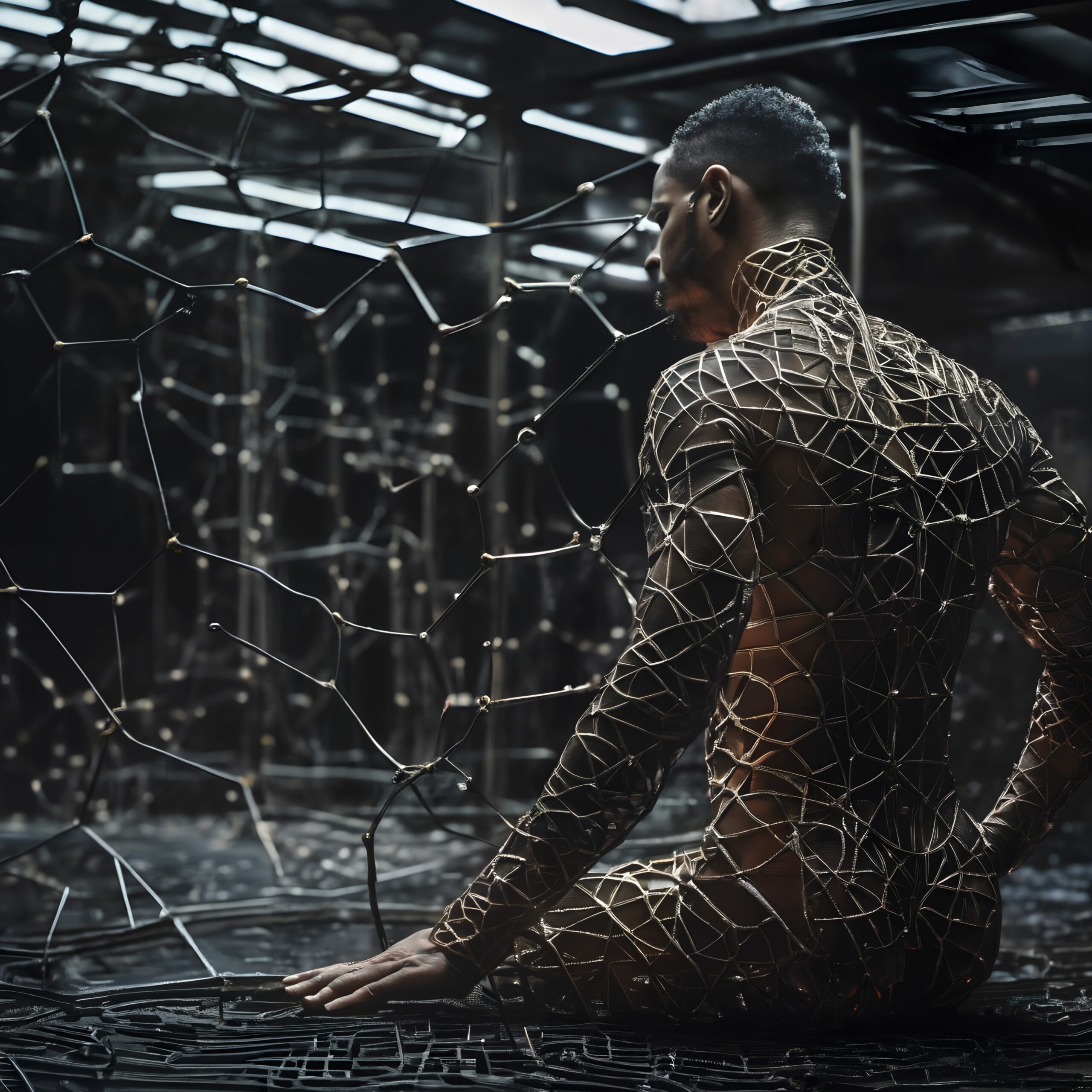 A person enveloped in intricate geometric patterns sits contemplatively in a dim, futuristic setting.