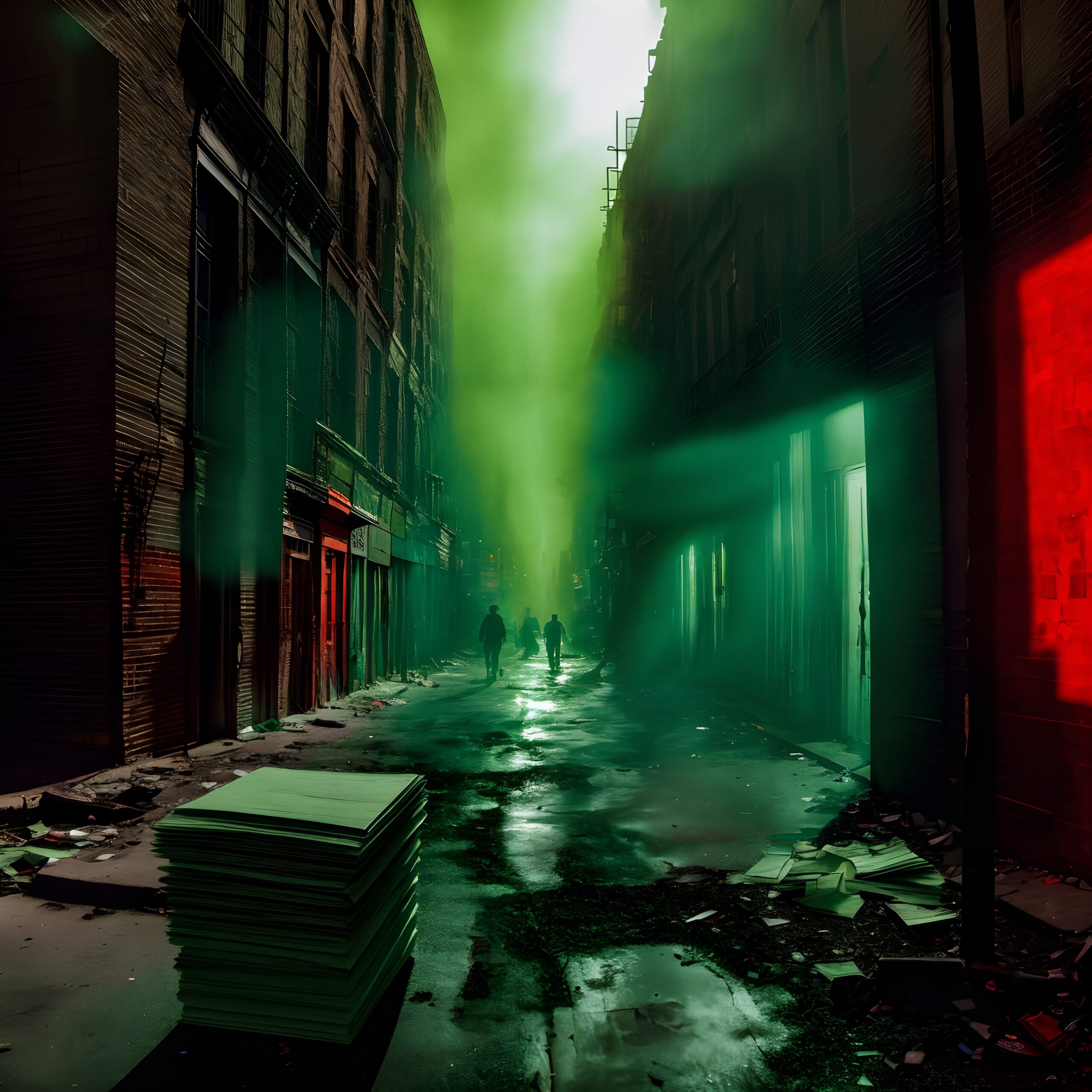 Mysterious urban alleyway illuminated by green and red lights, creating an eerie and surreal atmosphere with three silhouettes and scattered papers.