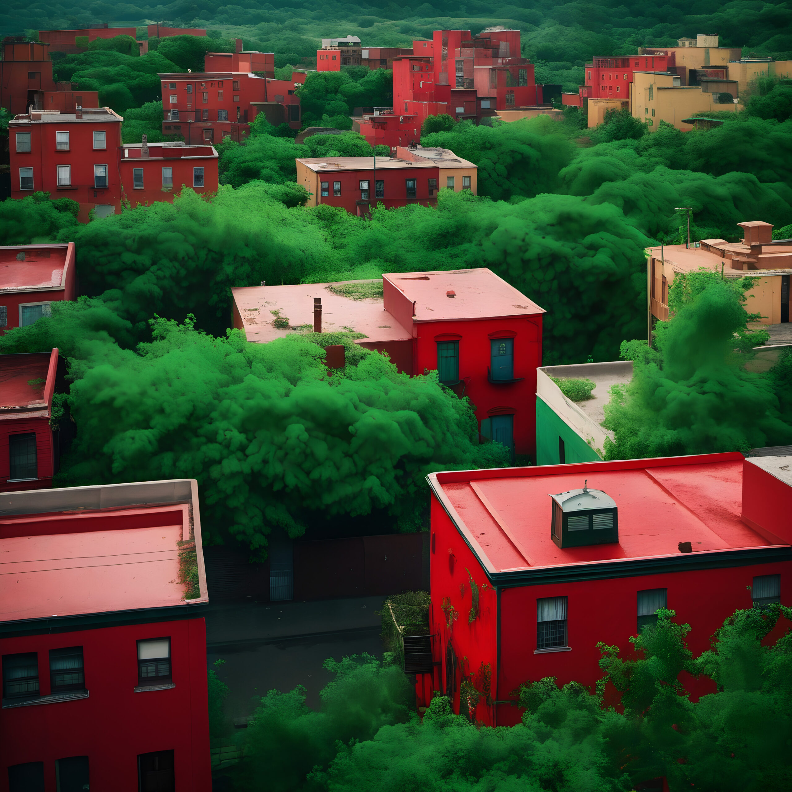 The image depicts a series of bright red buildings nestled among lush greenery, creating a striking contrast.