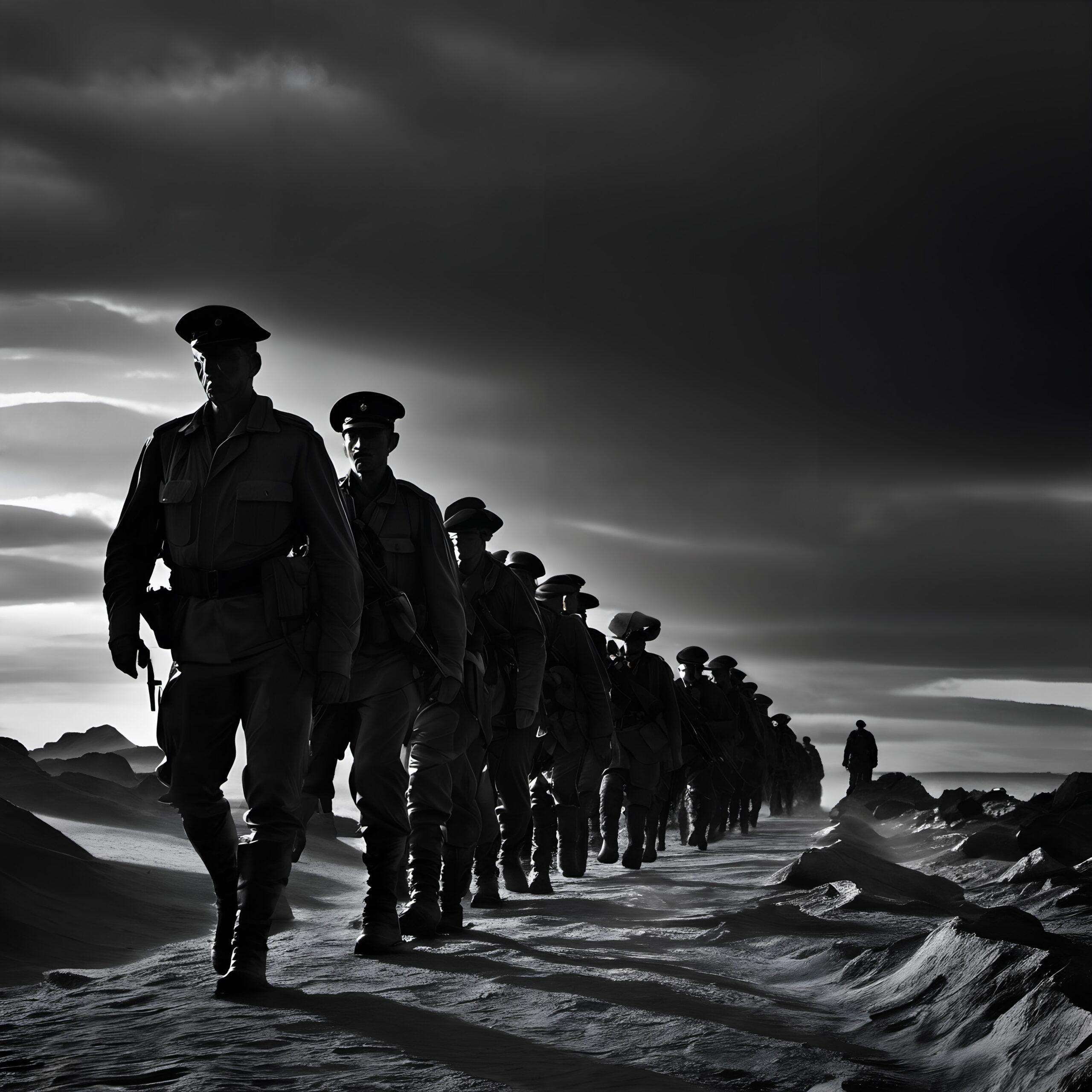 Monochrome image of soldiers marching through a dramatic, cloudy landscape, displaying unity and resilience.