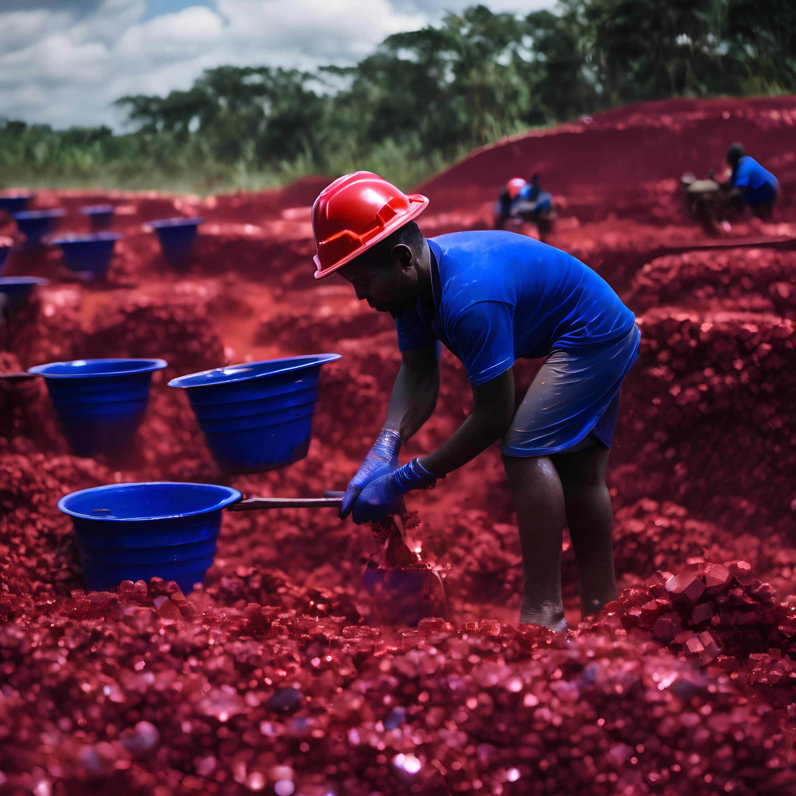 A worker in protective gear sifts through vibrant red crystals in an outdoor mining landscape.