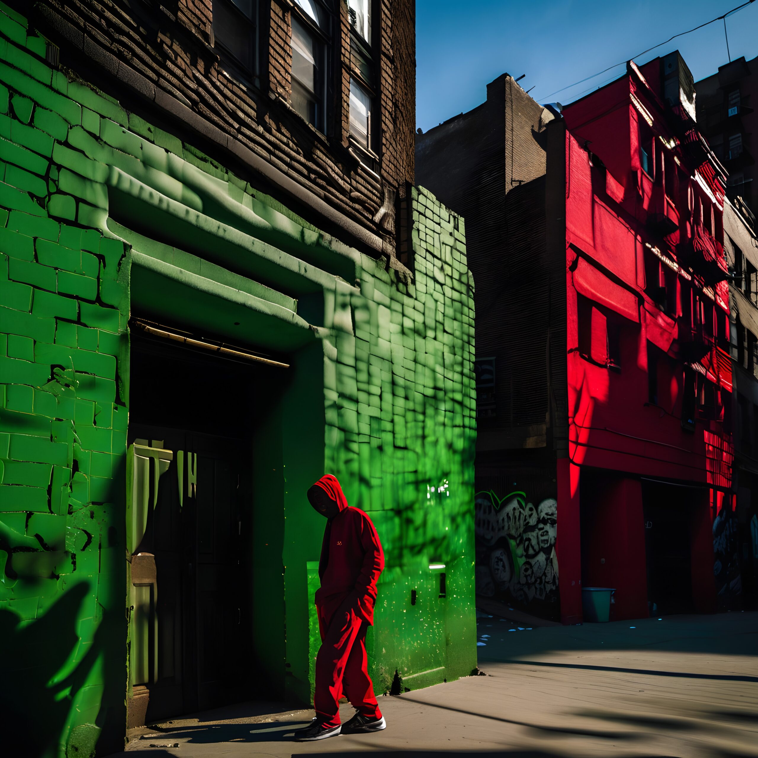 A person in a red hoodie walks past vibrant green and red urban buildings with graffiti art under dramatic sunlight and shadows.