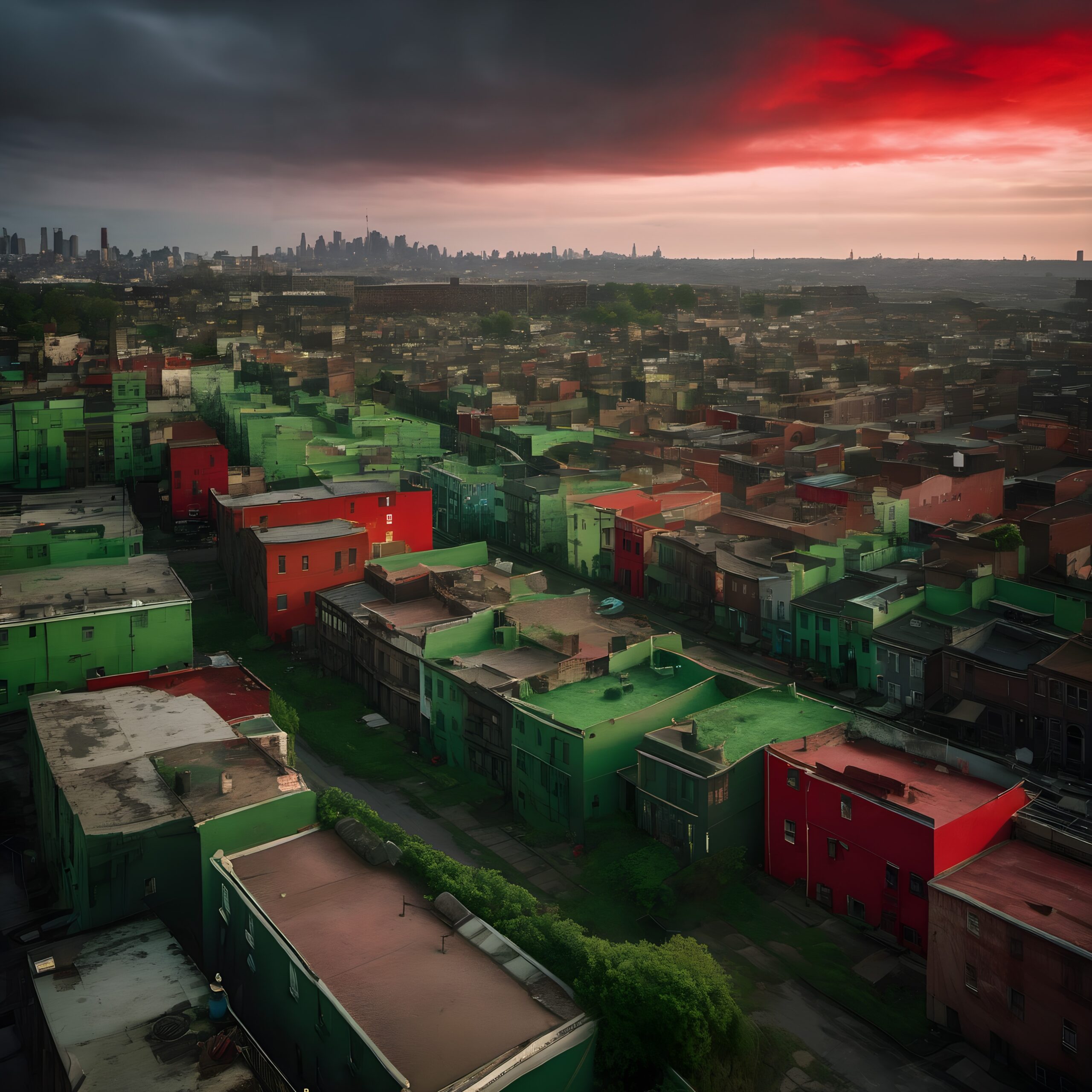 A stunning cityscape with vivid buildings under a dramatic red and gray sky, set against a distant skyline.