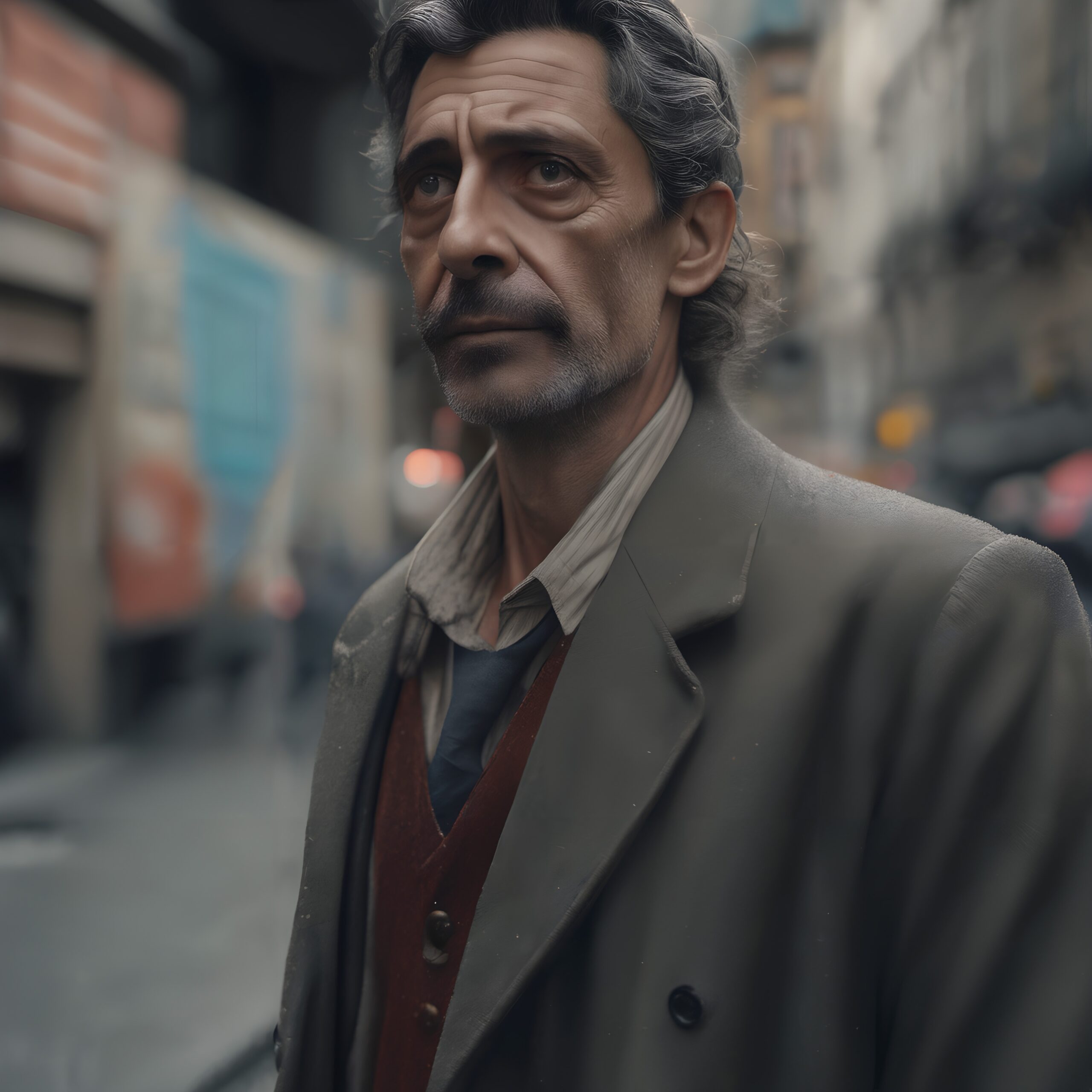 Middle-aged man with contemplative expression standing in bustling city street.