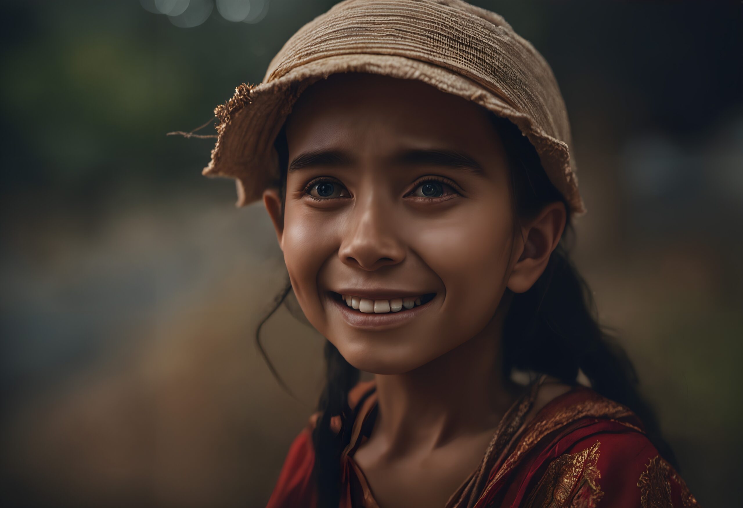 Portrait of a smiling child wearing a woven hat, set against a soft, earthy background.