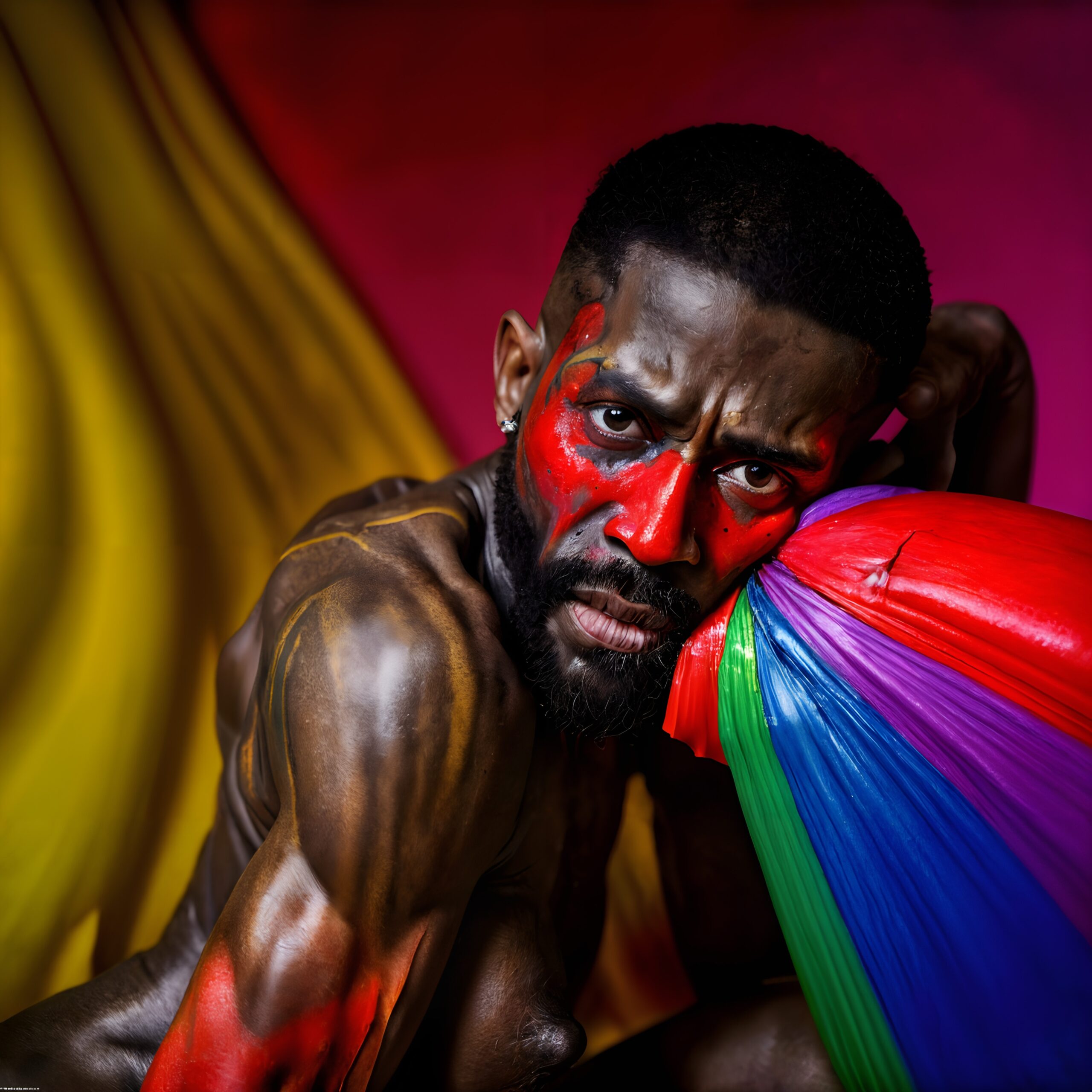 A man with bold red face paint leans on rainbow fabric against a vivid background.