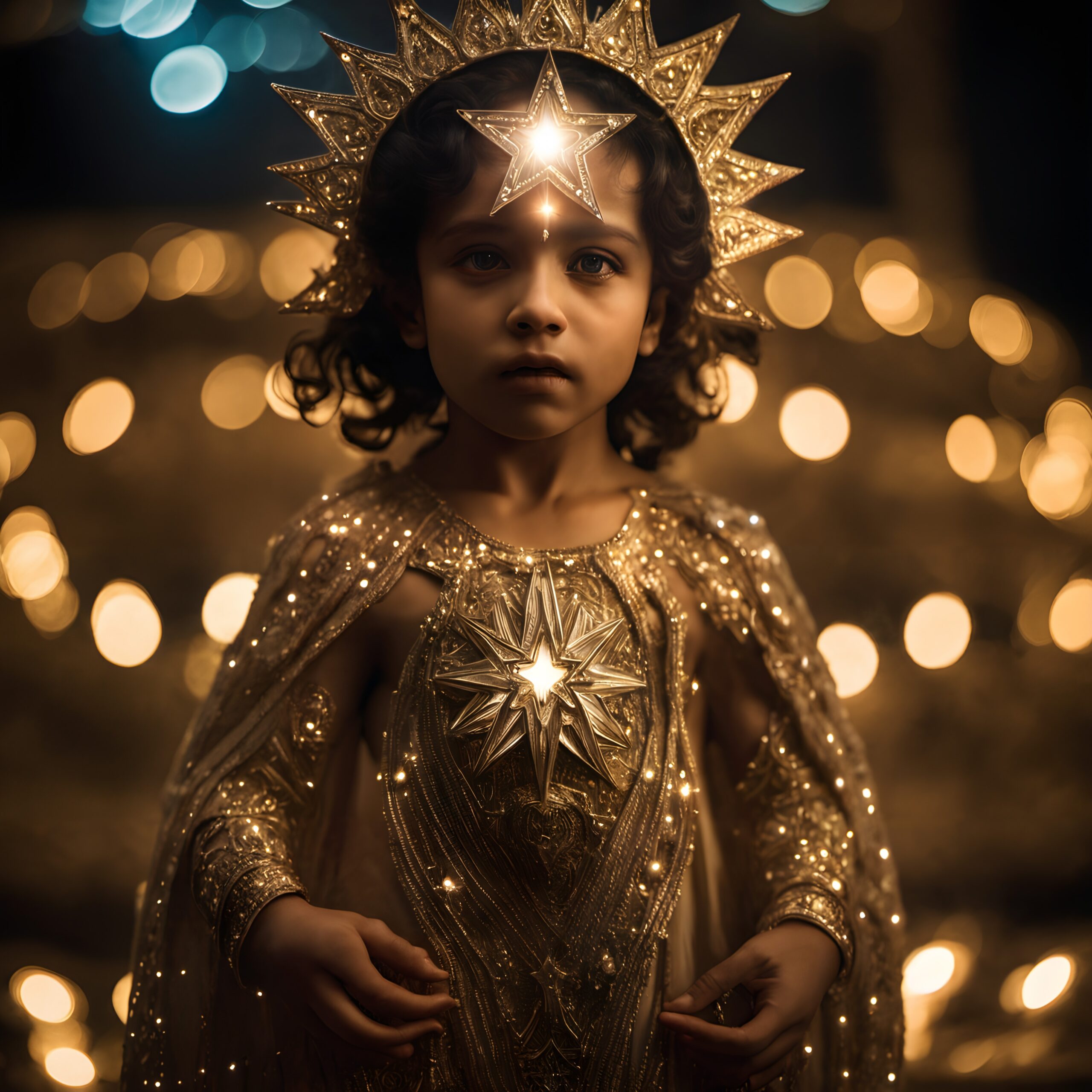A young child in a shimmering star-themed costume stands against a backdrop of golden bokeh lights, creating a dreamy and ethereal atmosphere.