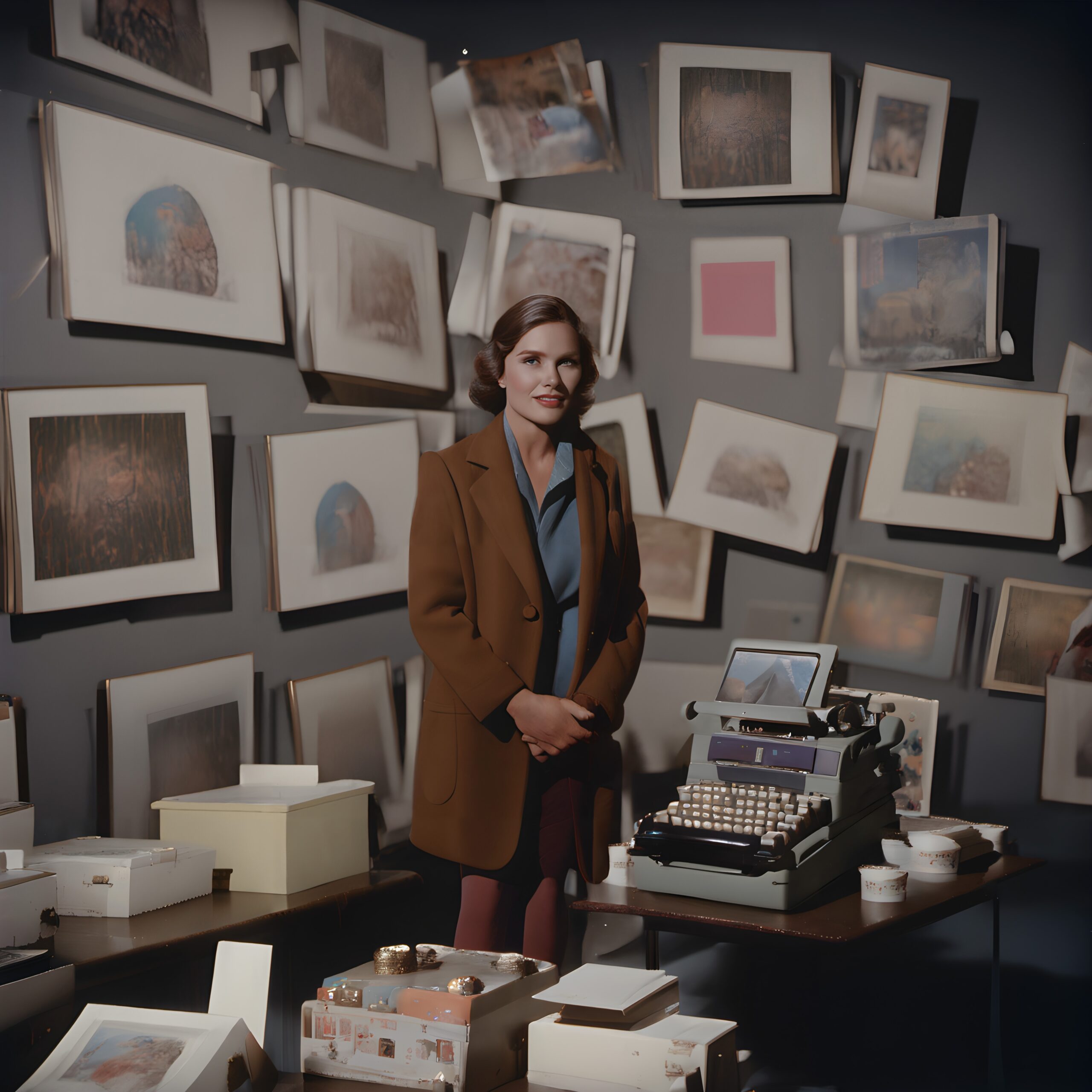 A woman in an art studio with a vintage typewriter and abstract paintings surrounding her.