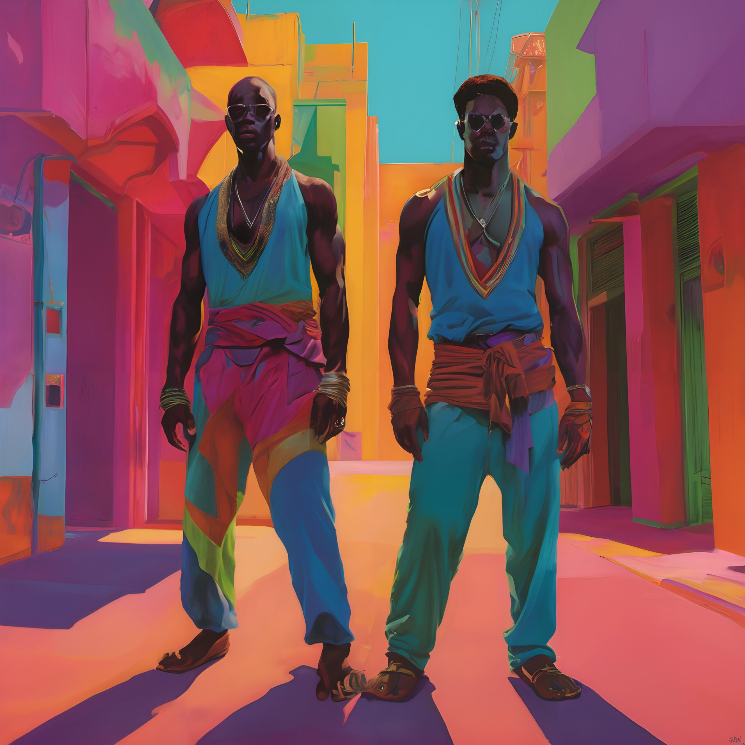 Men in stylish, colorful outfits stand confidently in a vibrantly colored urban setting, embodying modern pop-art fashion.